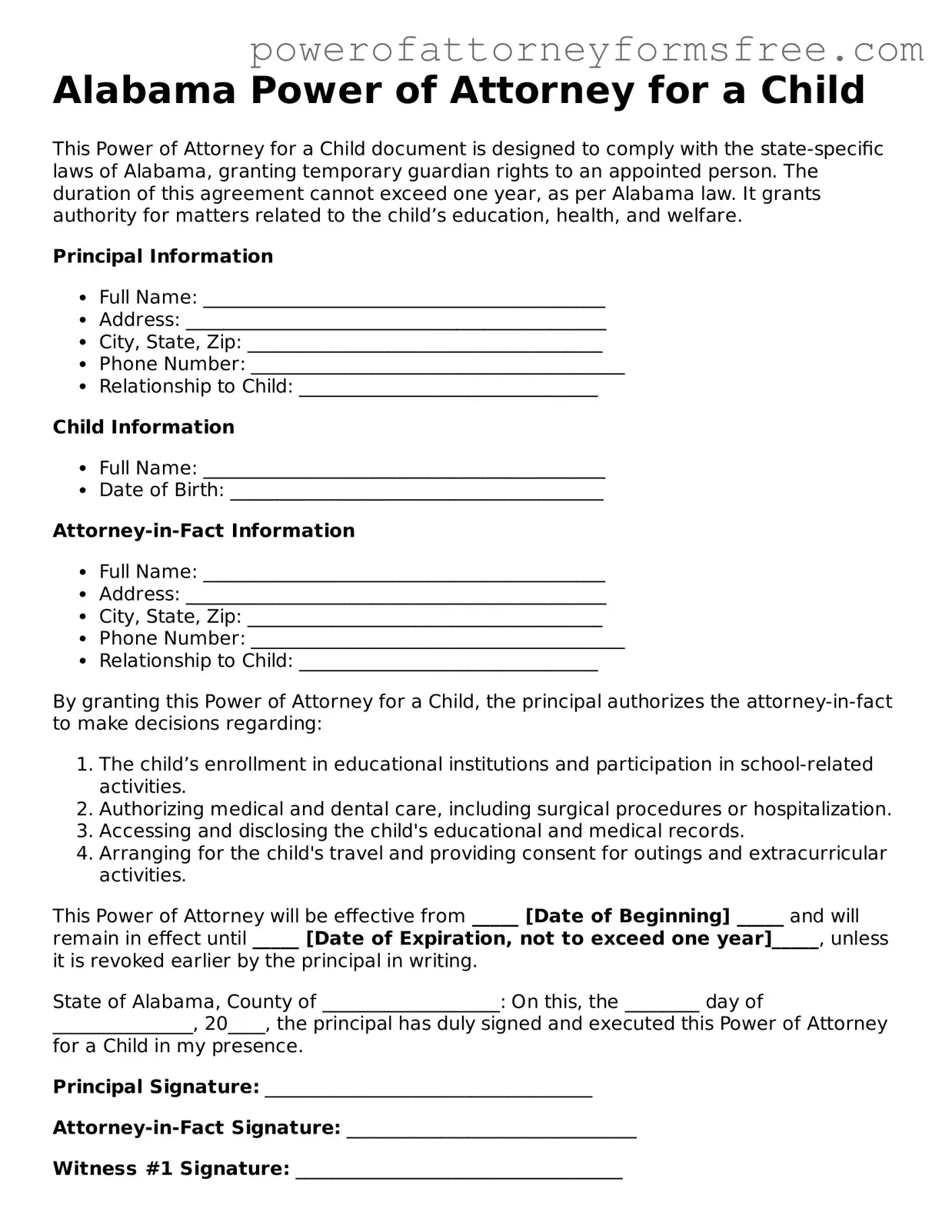 Fillable Power of Attorney for a Child Document for Alabama State