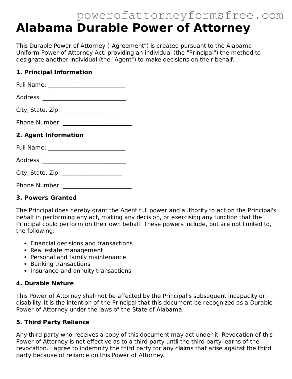 Fillable Durable Power of Attorney Document for Alabama State