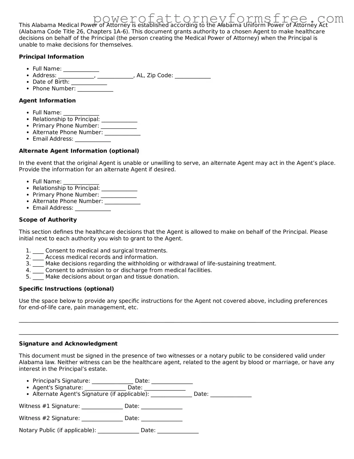 Fillable Medical Power of Attorney Document for Alabama State
