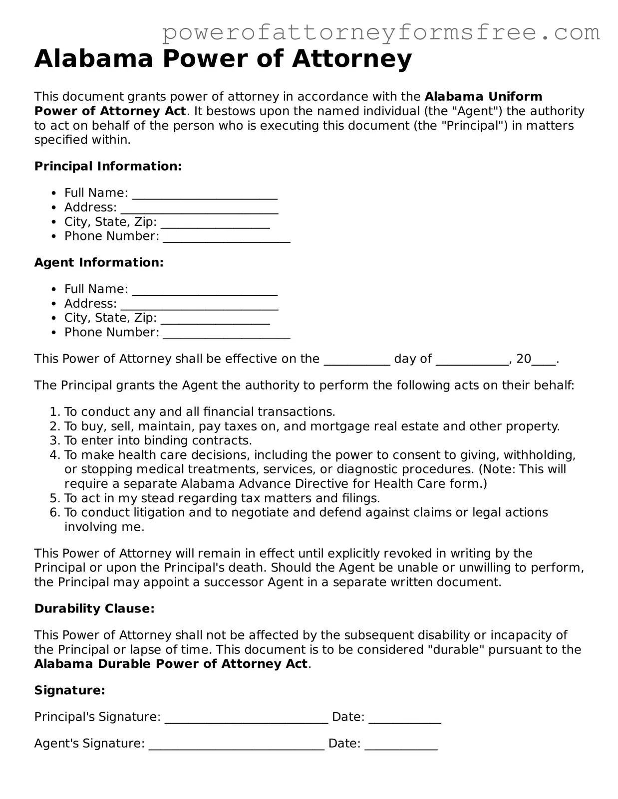 Fillable Power of Attorney Document for Alabama State
