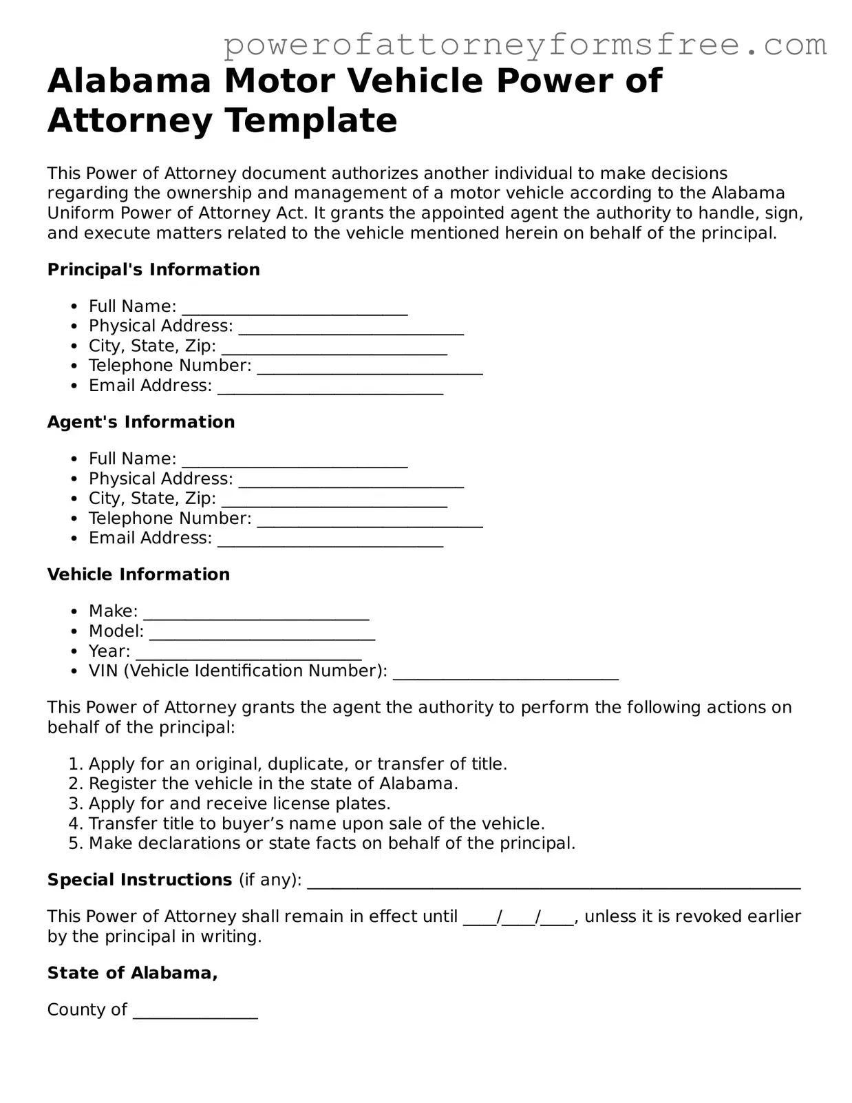Fillable Motor Vehicle Power of Attorney Document for Alabama State