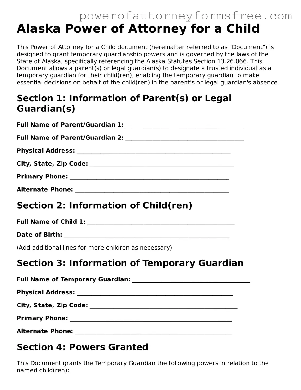 Fillable Power of Attorney for a Child Document for Alaska State