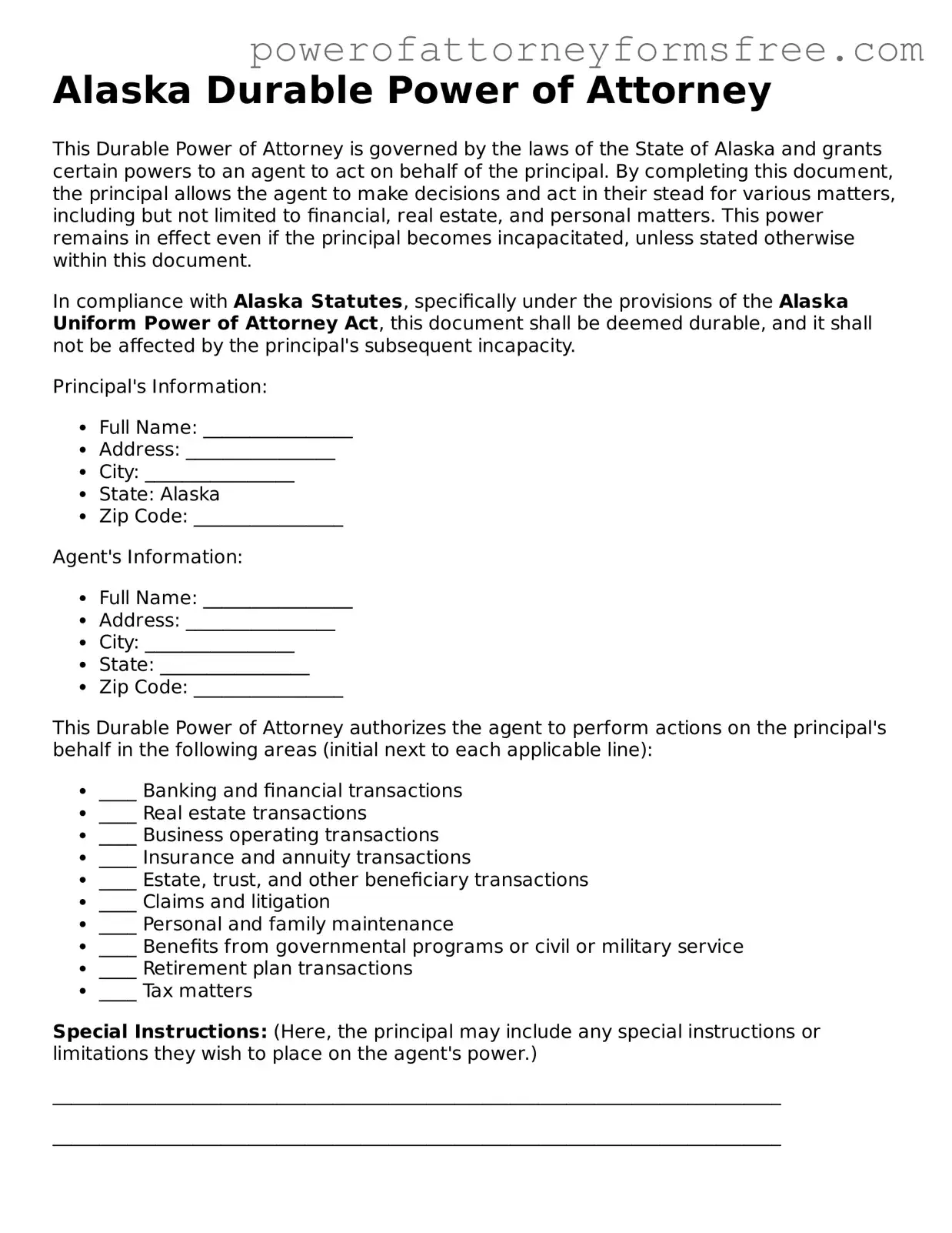 Fillable Durable Power of Attorney Document for Alaska State