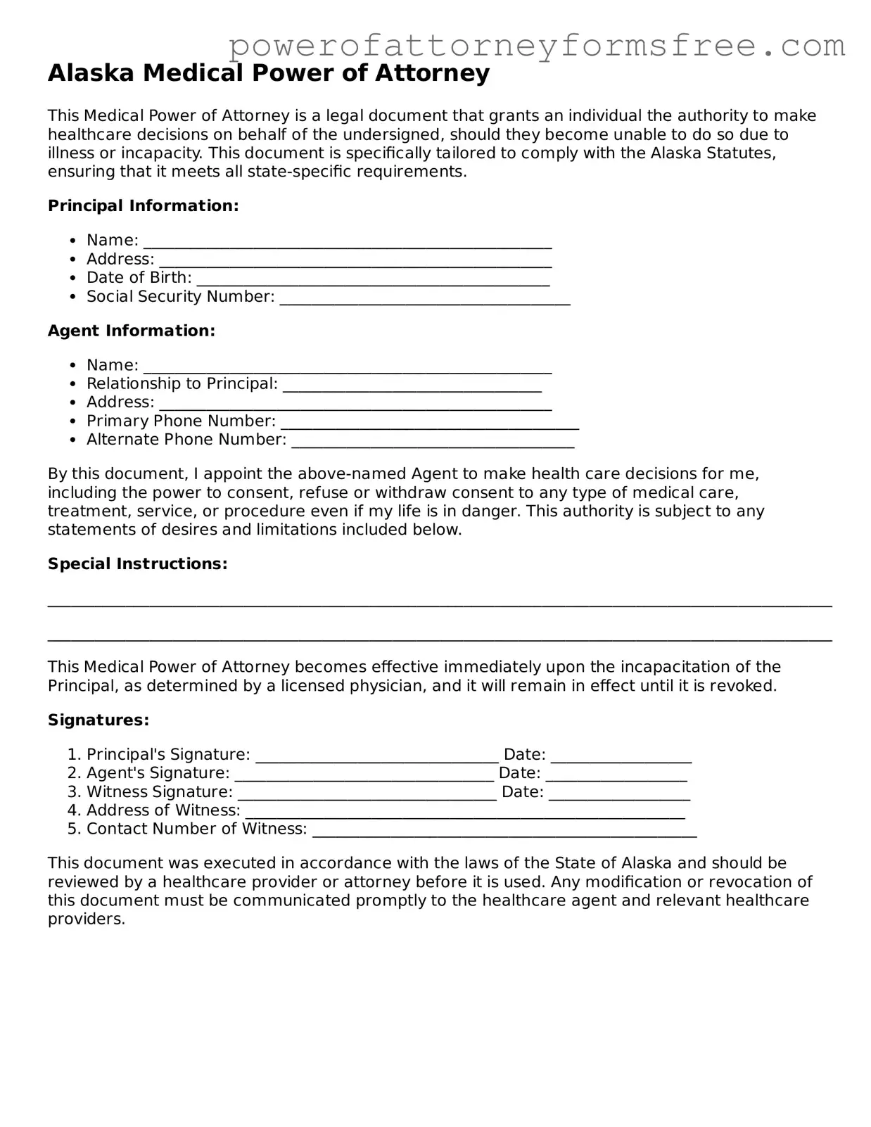 Fillable Medical Power of Attorney Document for Alaska State