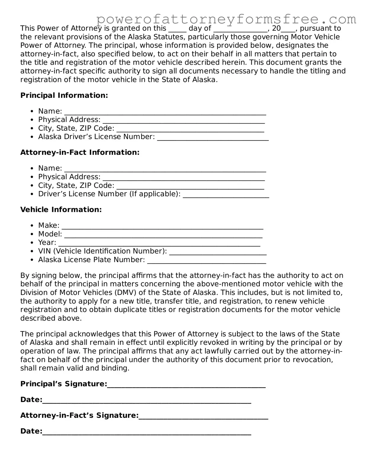 Fillable Motor Vehicle Power of Attorney Document for Alaska State