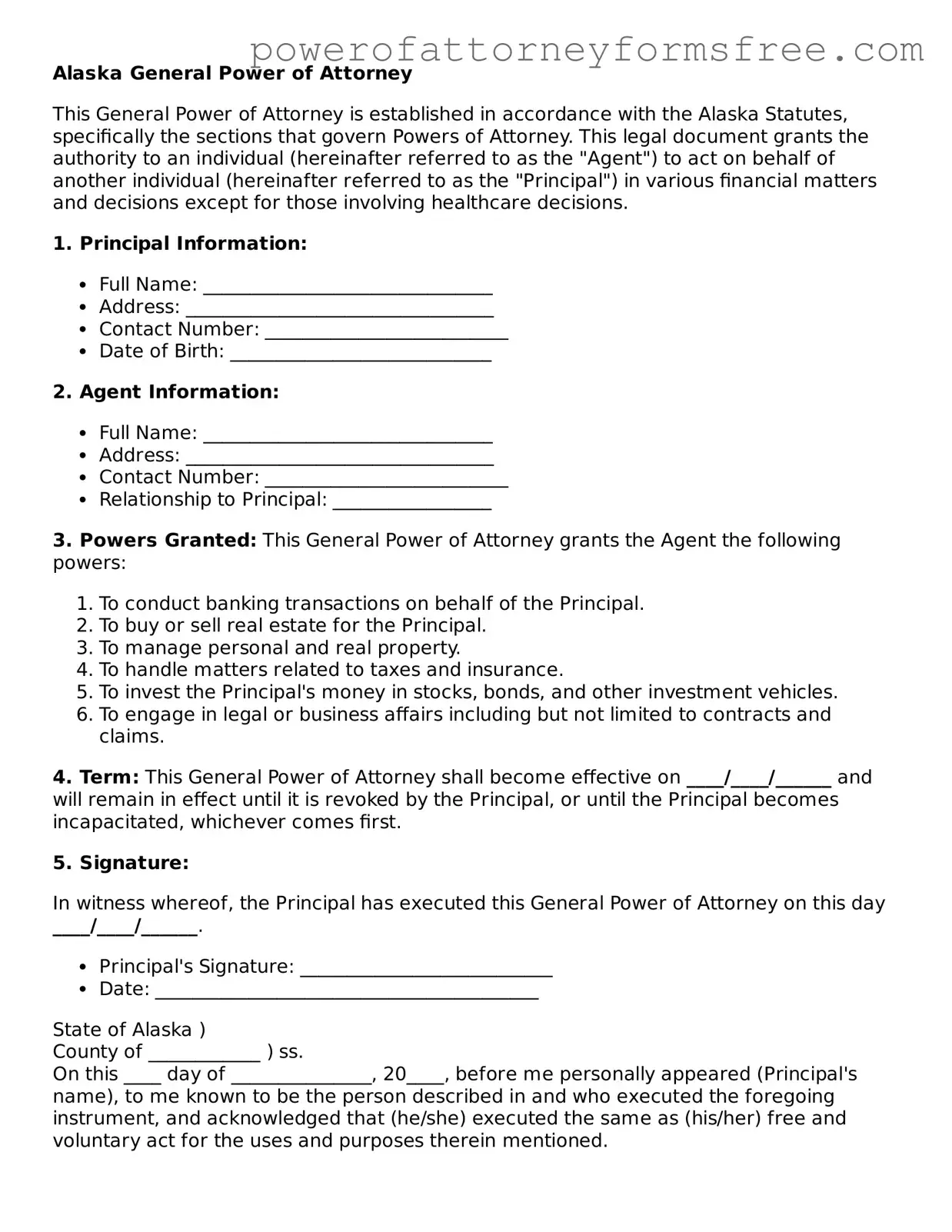 Fillable General Power of Attorney Document for Alaska State