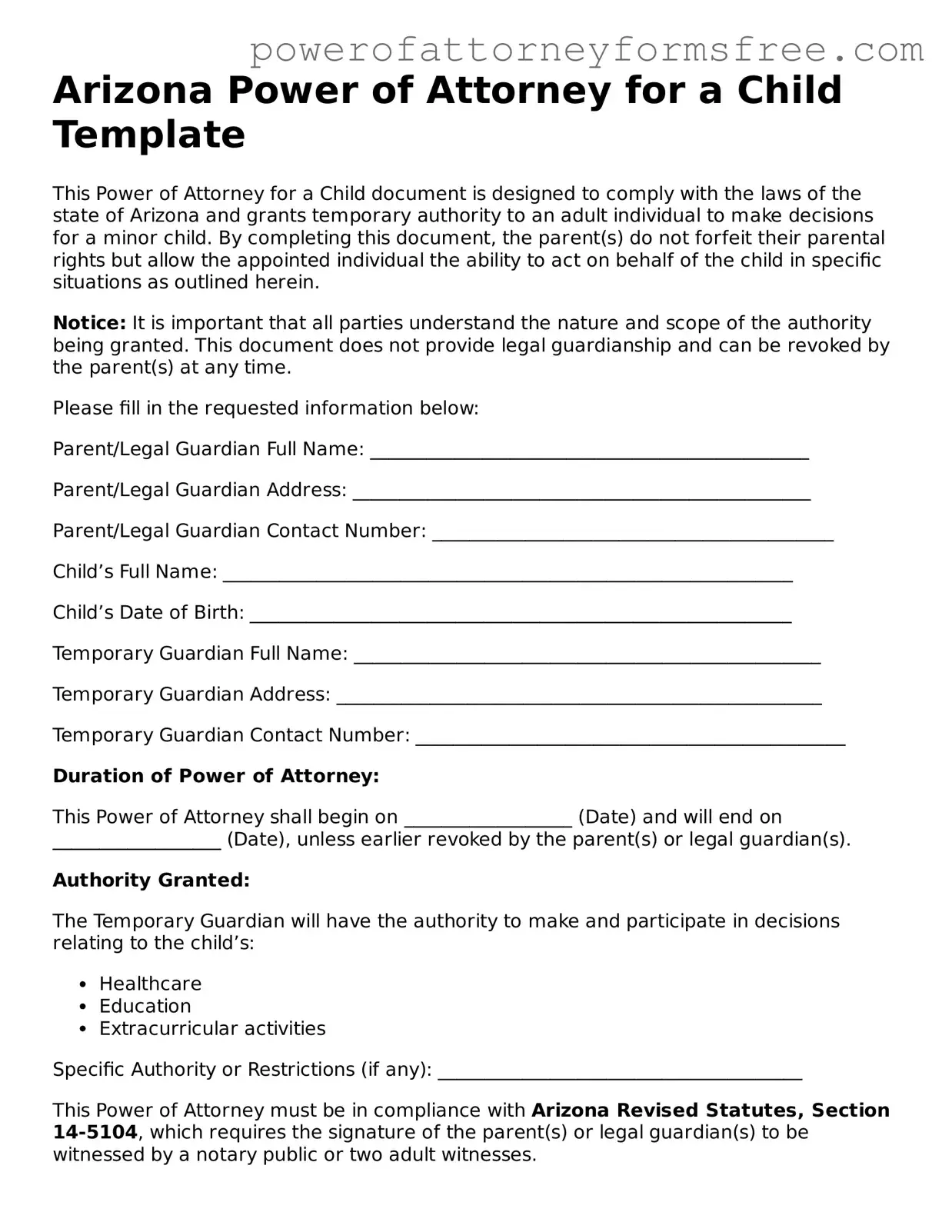 Fillable Power of Attorney for a Child Document for Arizona State