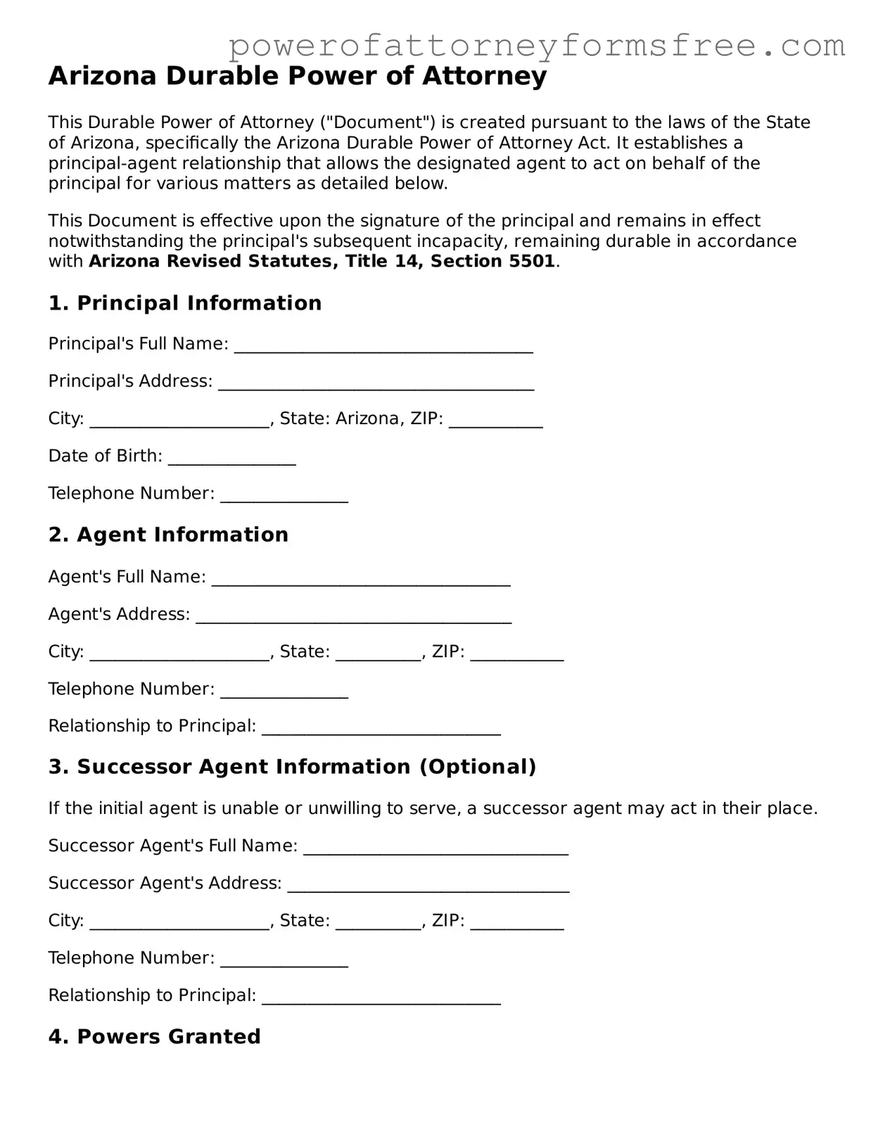 Fillable Durable Power of Attorney Document for Arizona State