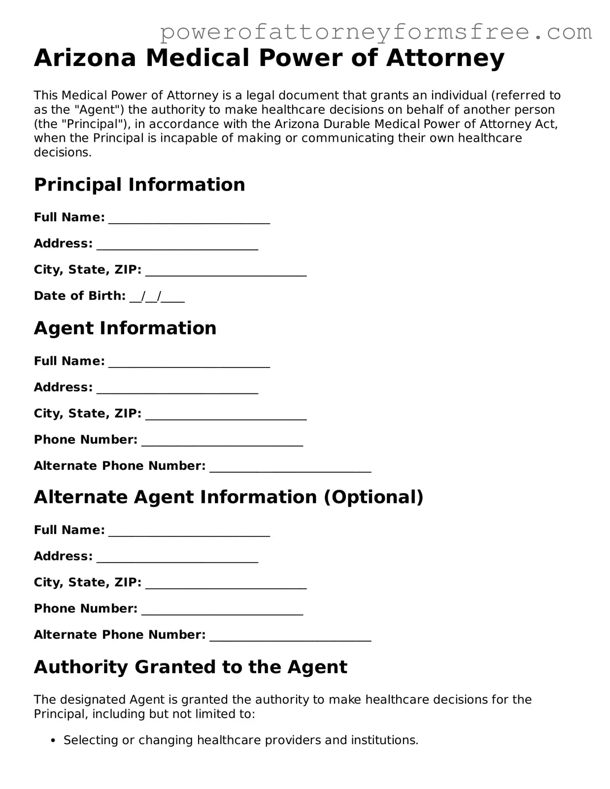 Fillable Medical Power of Attorney Document for Arizona State