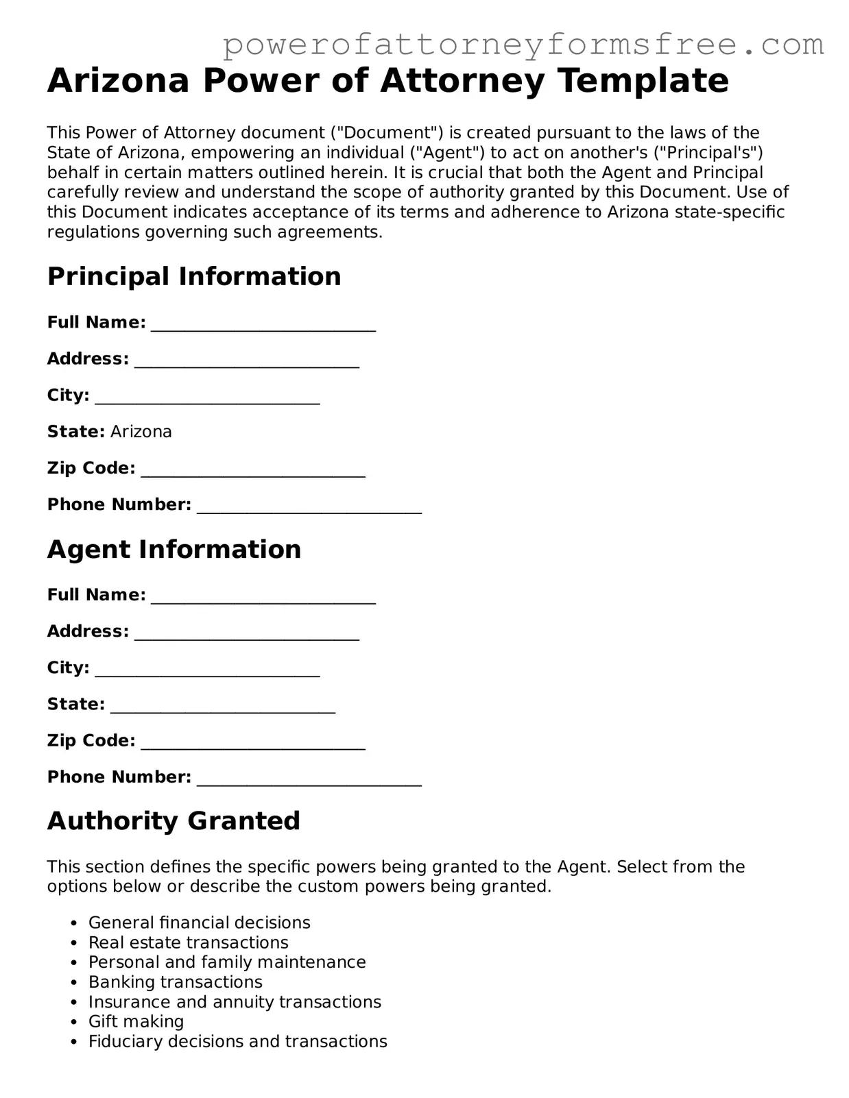 Fillable Power of Attorney Document for Arizona State