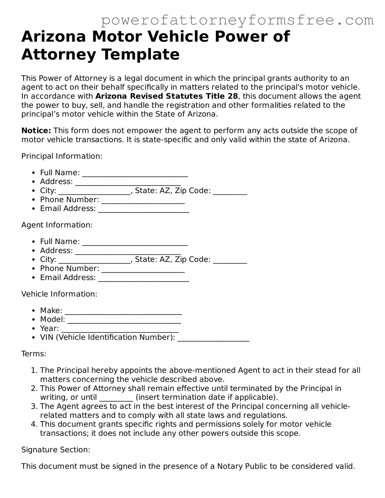Fillable Motor Vehicle Power of Attorney Document for Arizona State