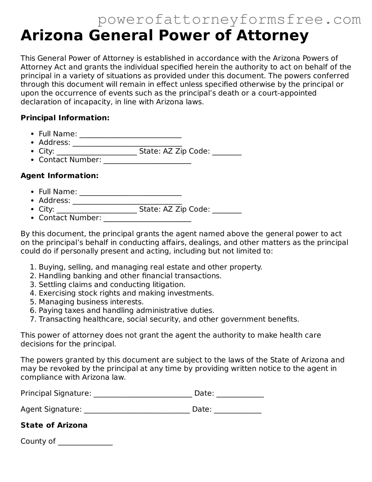 Fillable General Power of Attorney Document for Arizona State