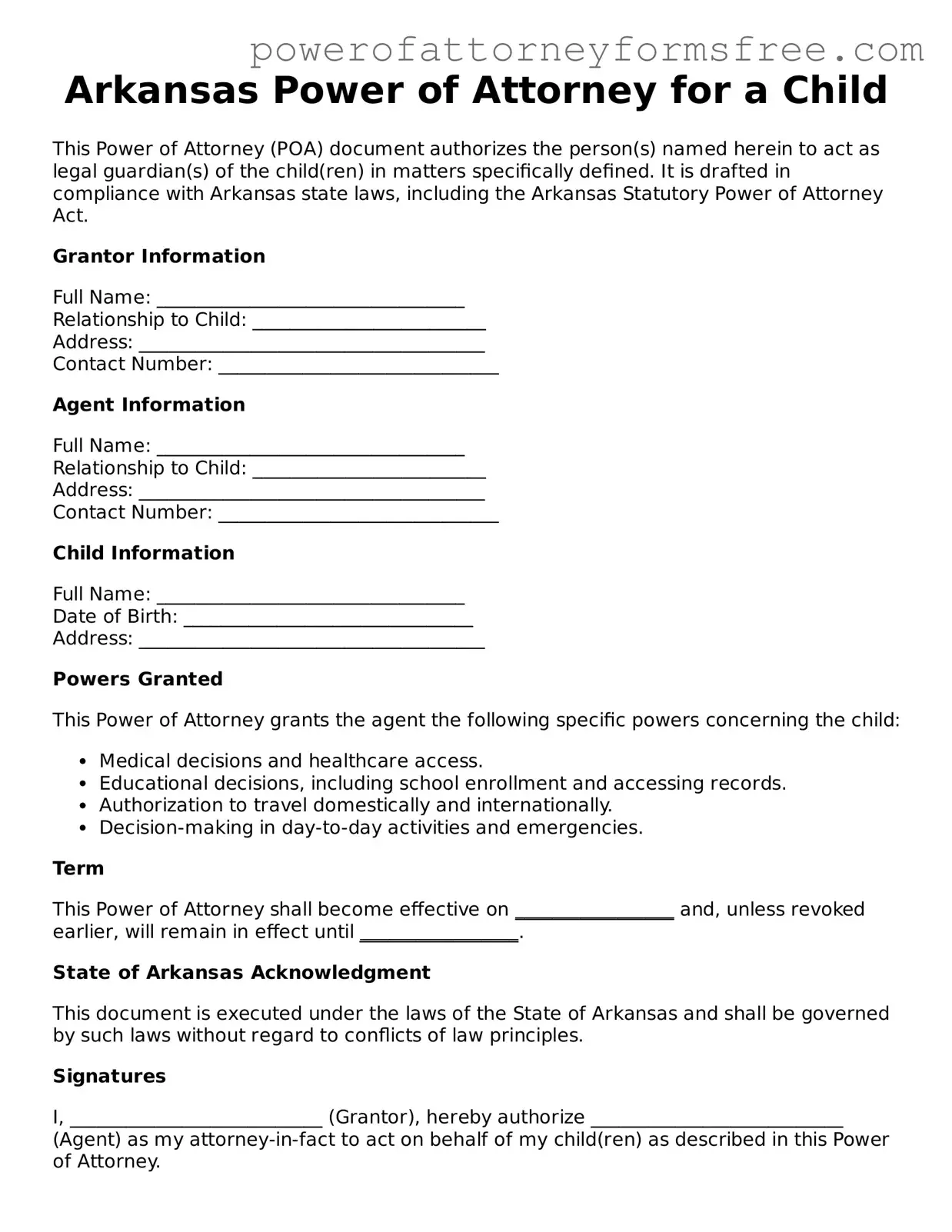 Fillable Power of Attorney for a Child Document for Arkansas State