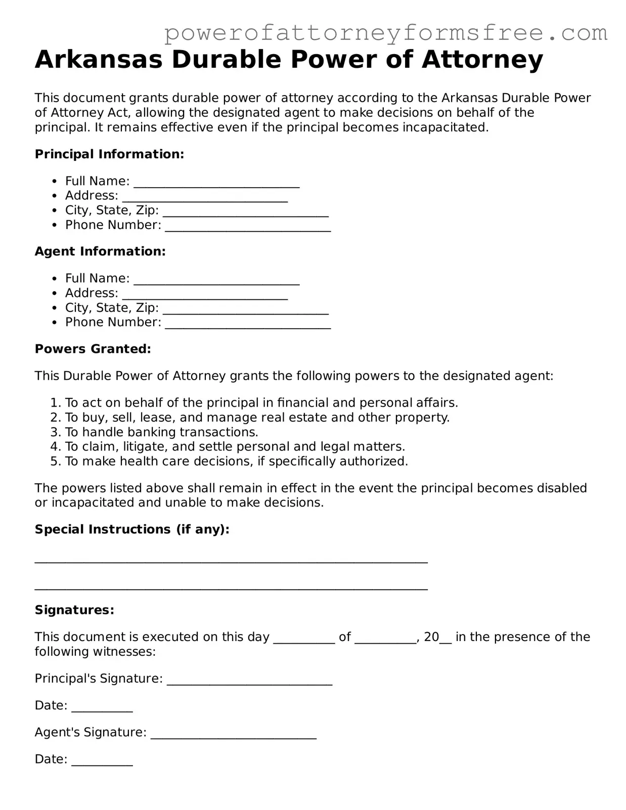 Fillable Durable Power of Attorney Document for Arkansas State
