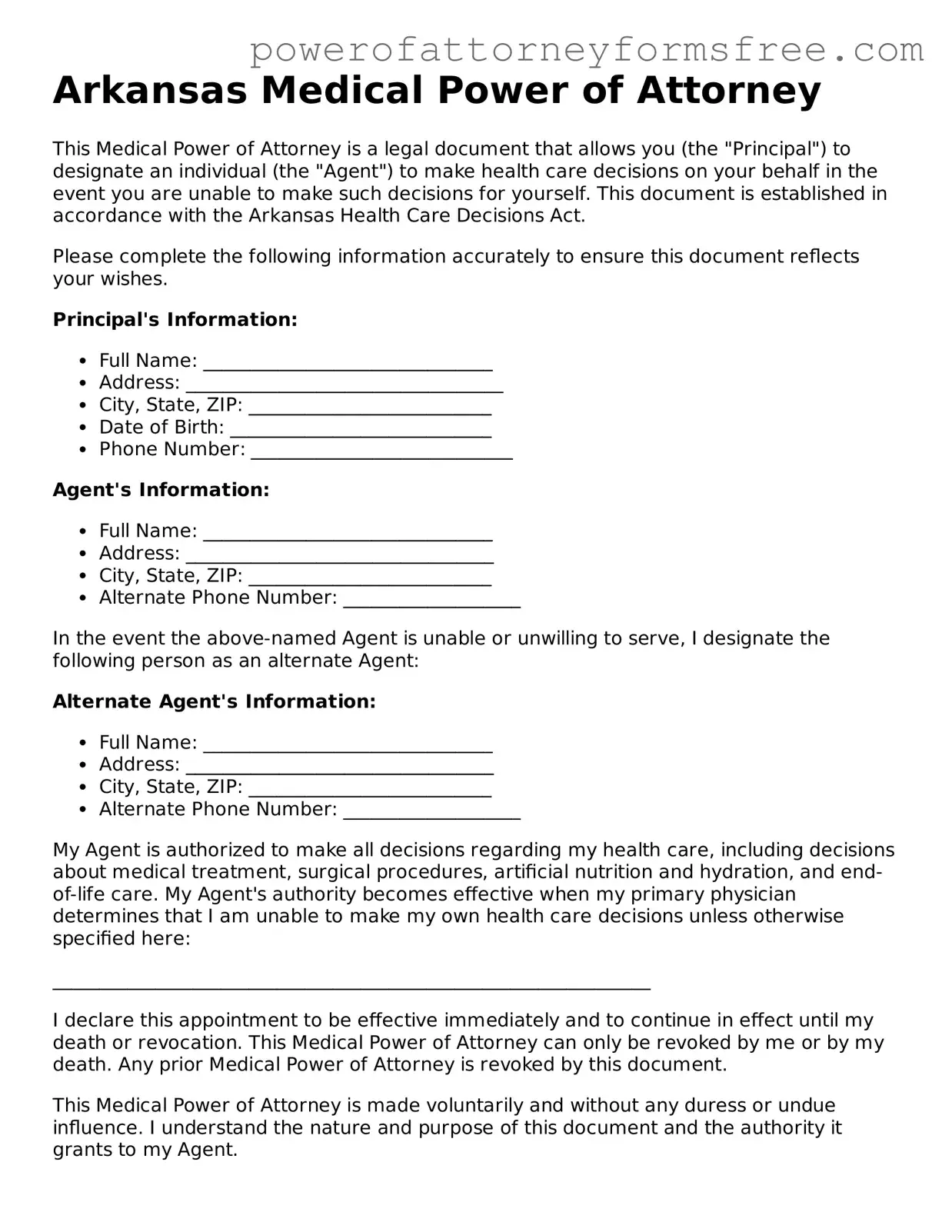 Fillable Medical Power of Attorney Document for Arkansas State