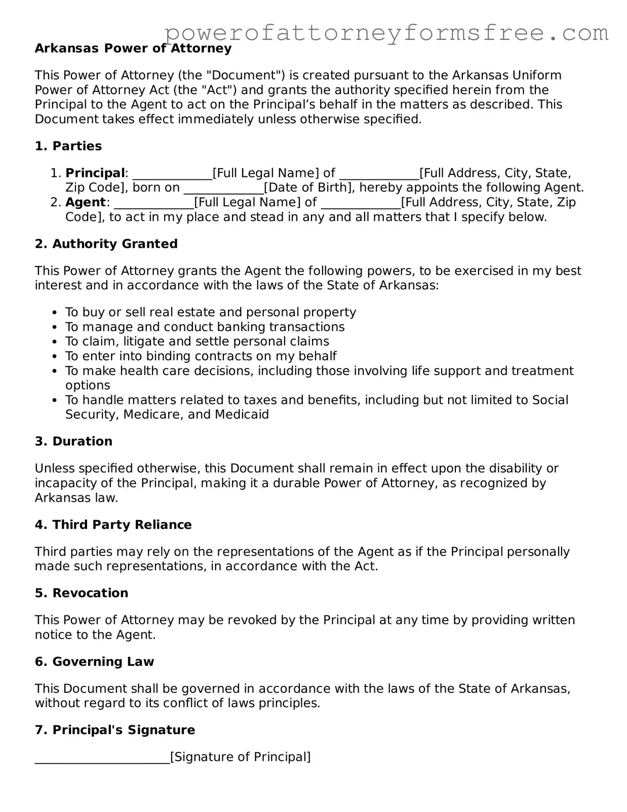Fillable Power of Attorney Document for Arkansas State