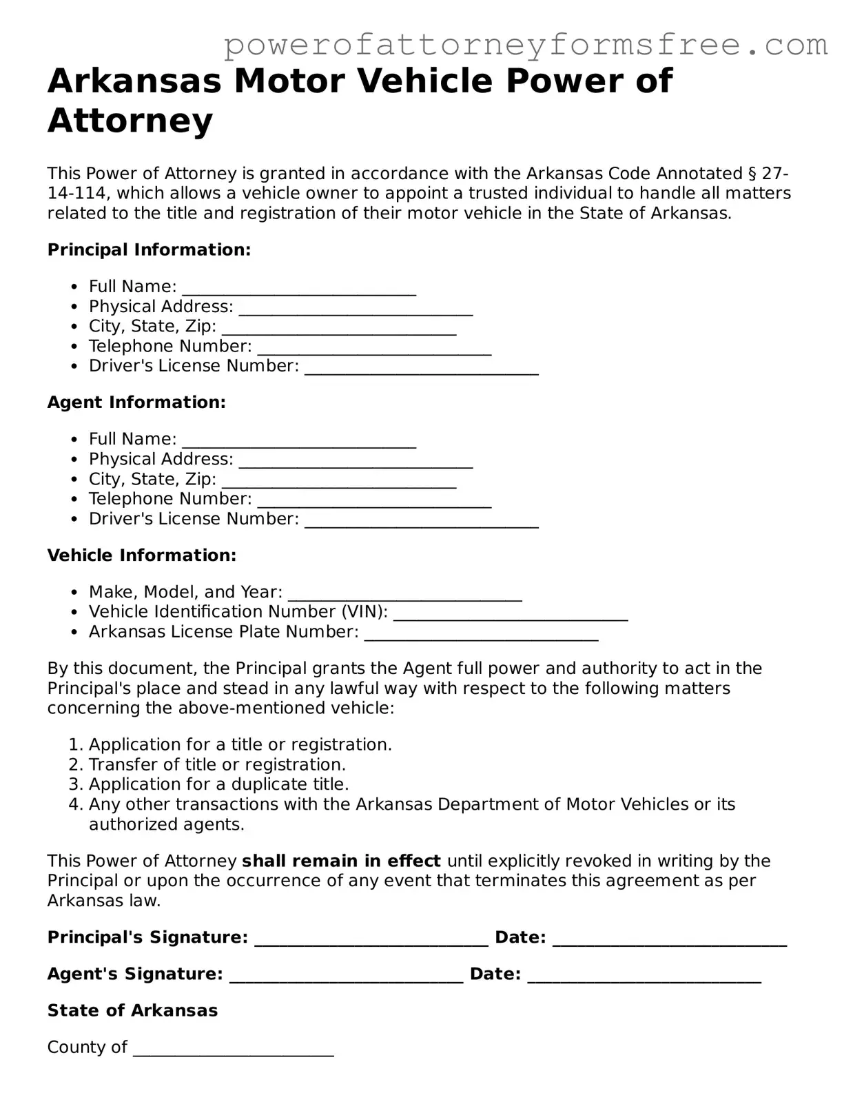 Fillable Motor Vehicle Power of Attorney Document for Arkansas State
