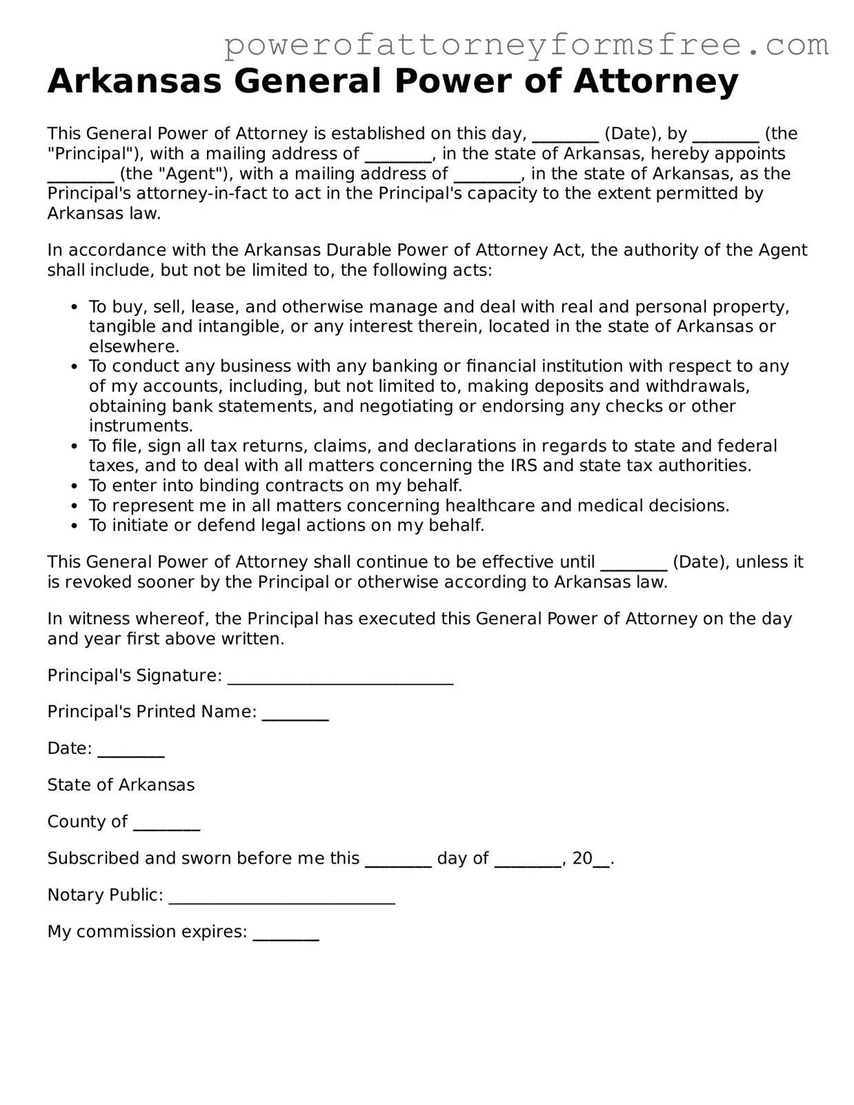 Fillable General Power of Attorney Document for Arkansas State