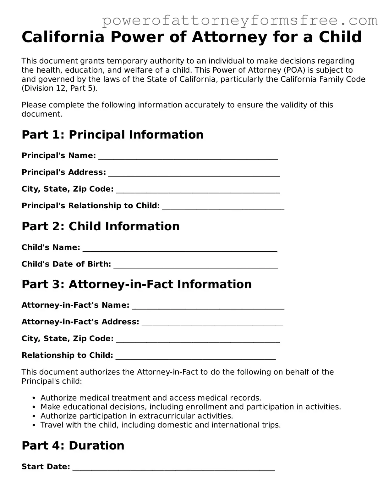 Fillable Power of Attorney for a Child Document for California State