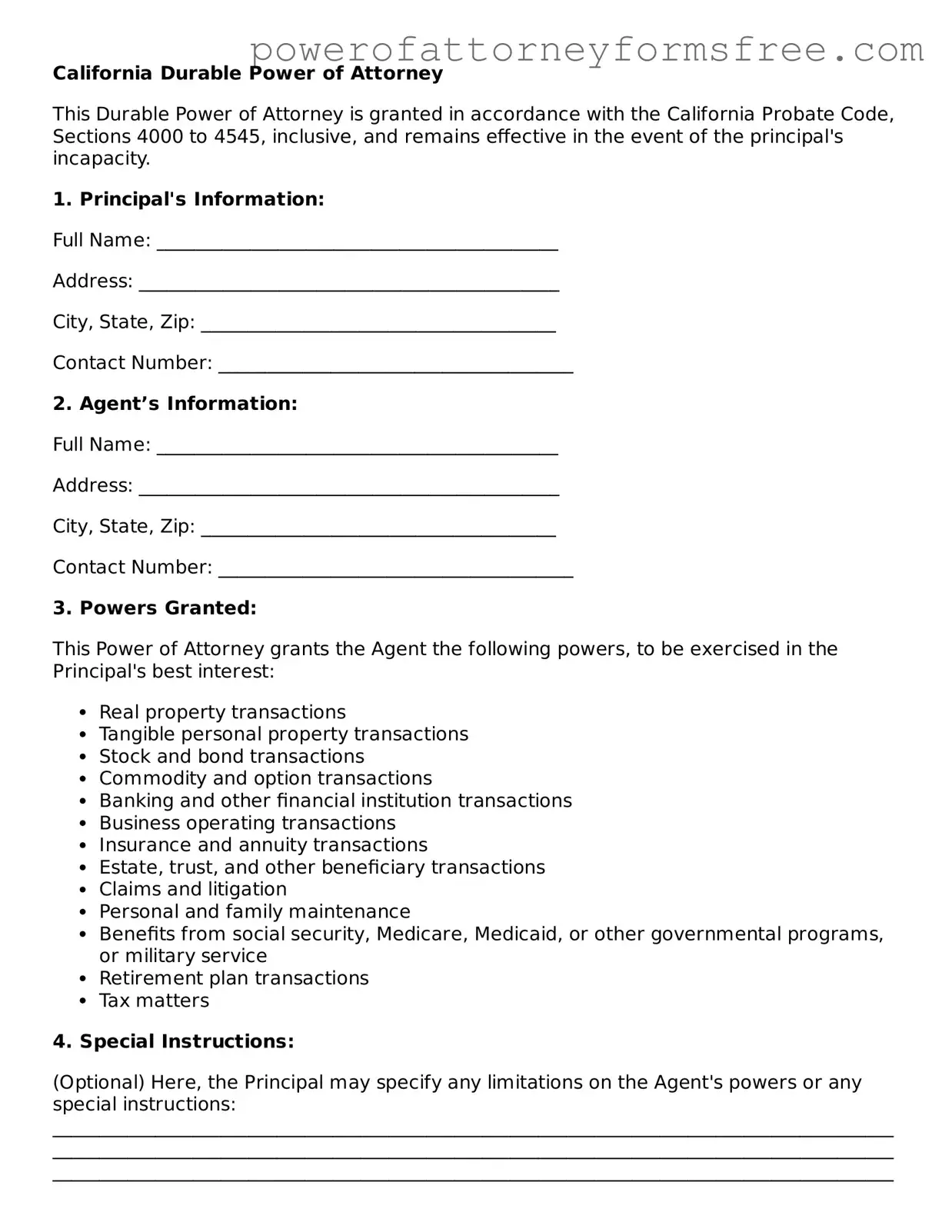 Fillable Durable Power of Attorney Document for California State