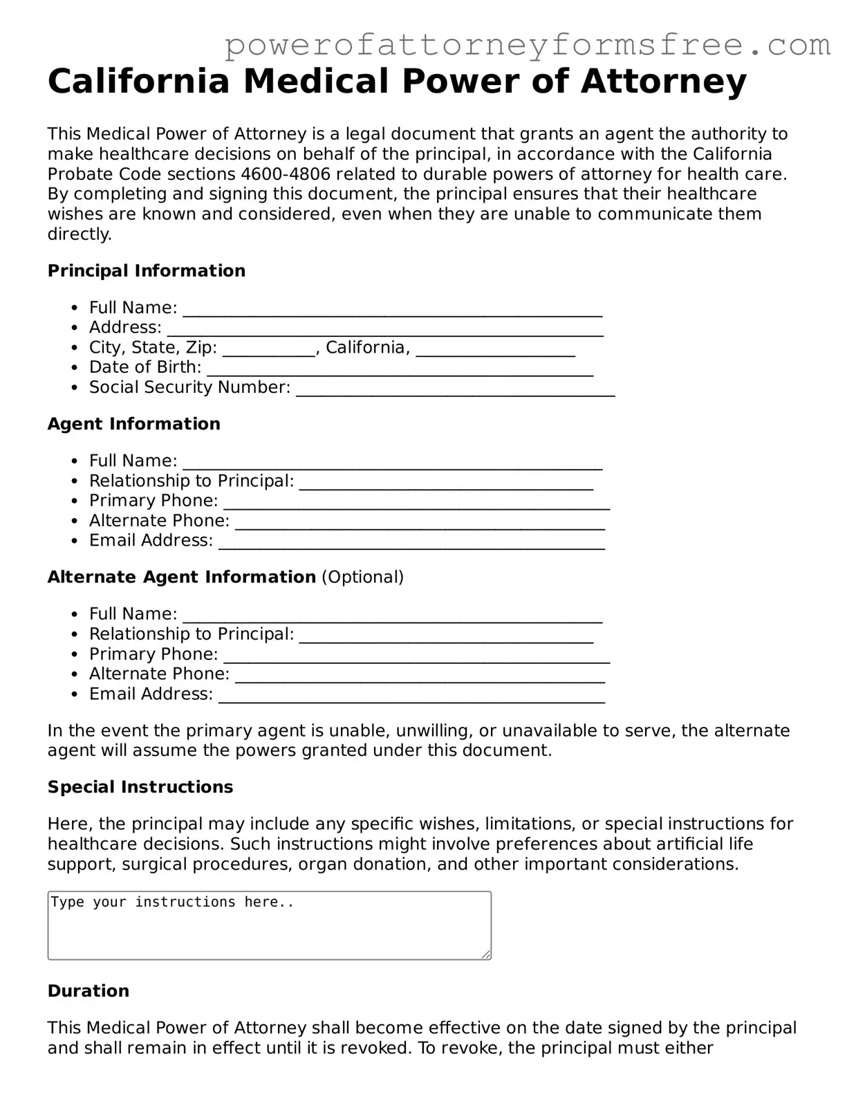 Fillable Medical Power of Attorney Document for California State