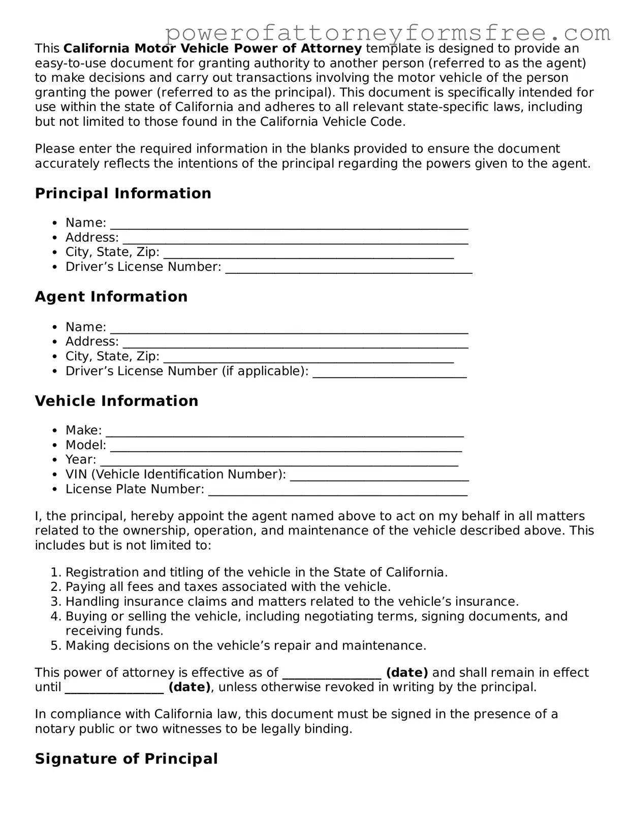 Fillable Motor Vehicle Power of Attorney Document for California State