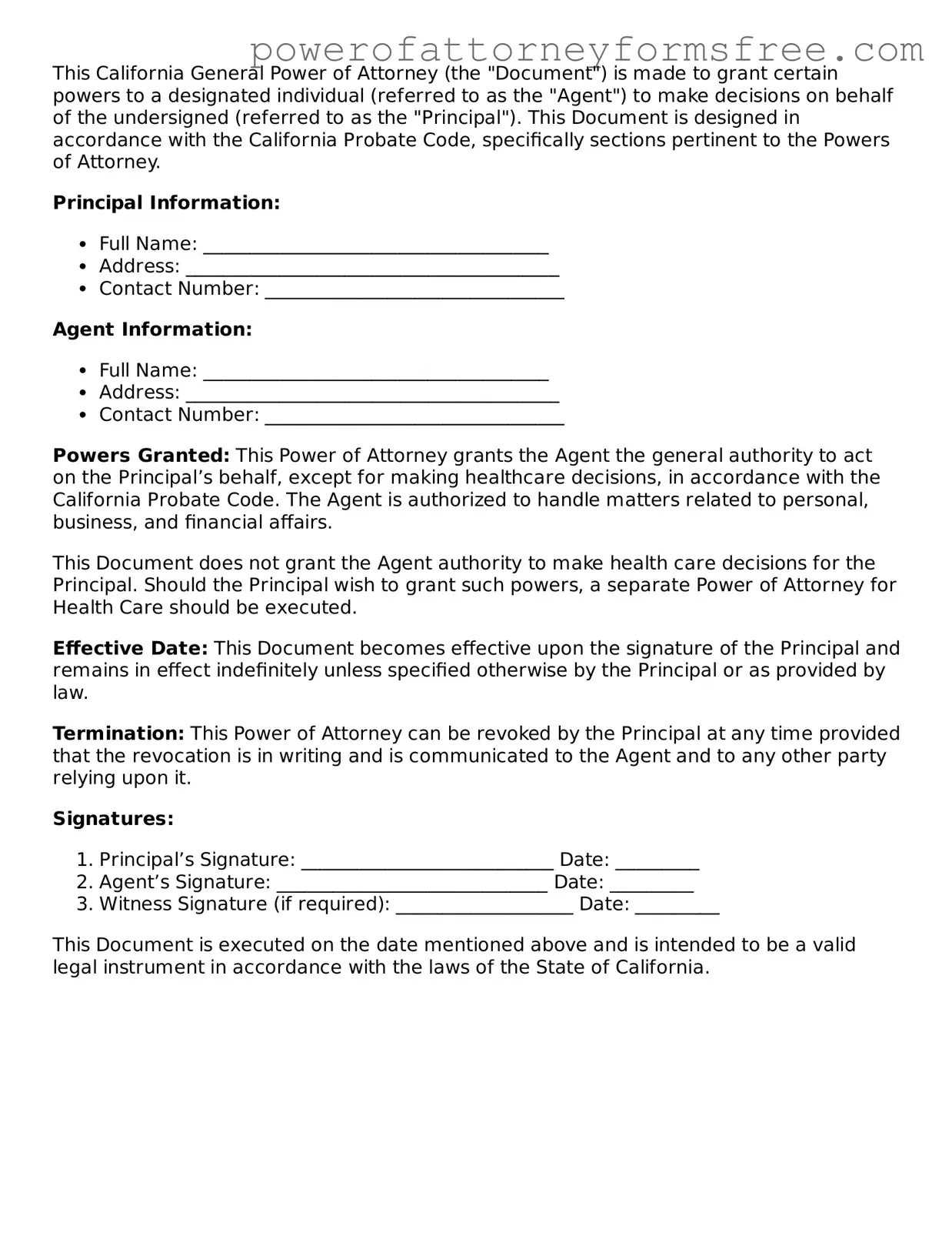 Fillable General Power of Attorney Document for California State