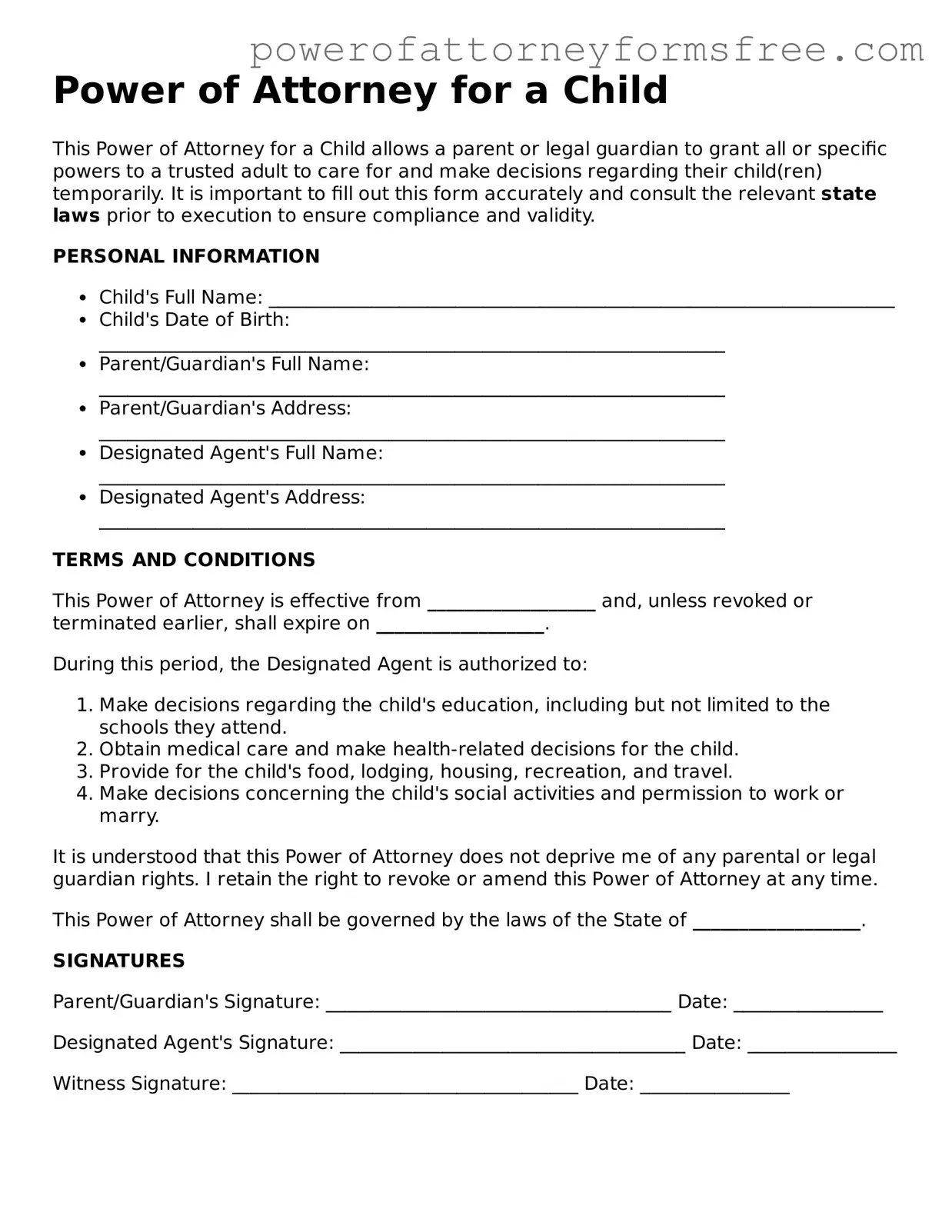 Fillable Power of Attorney for a Child Document