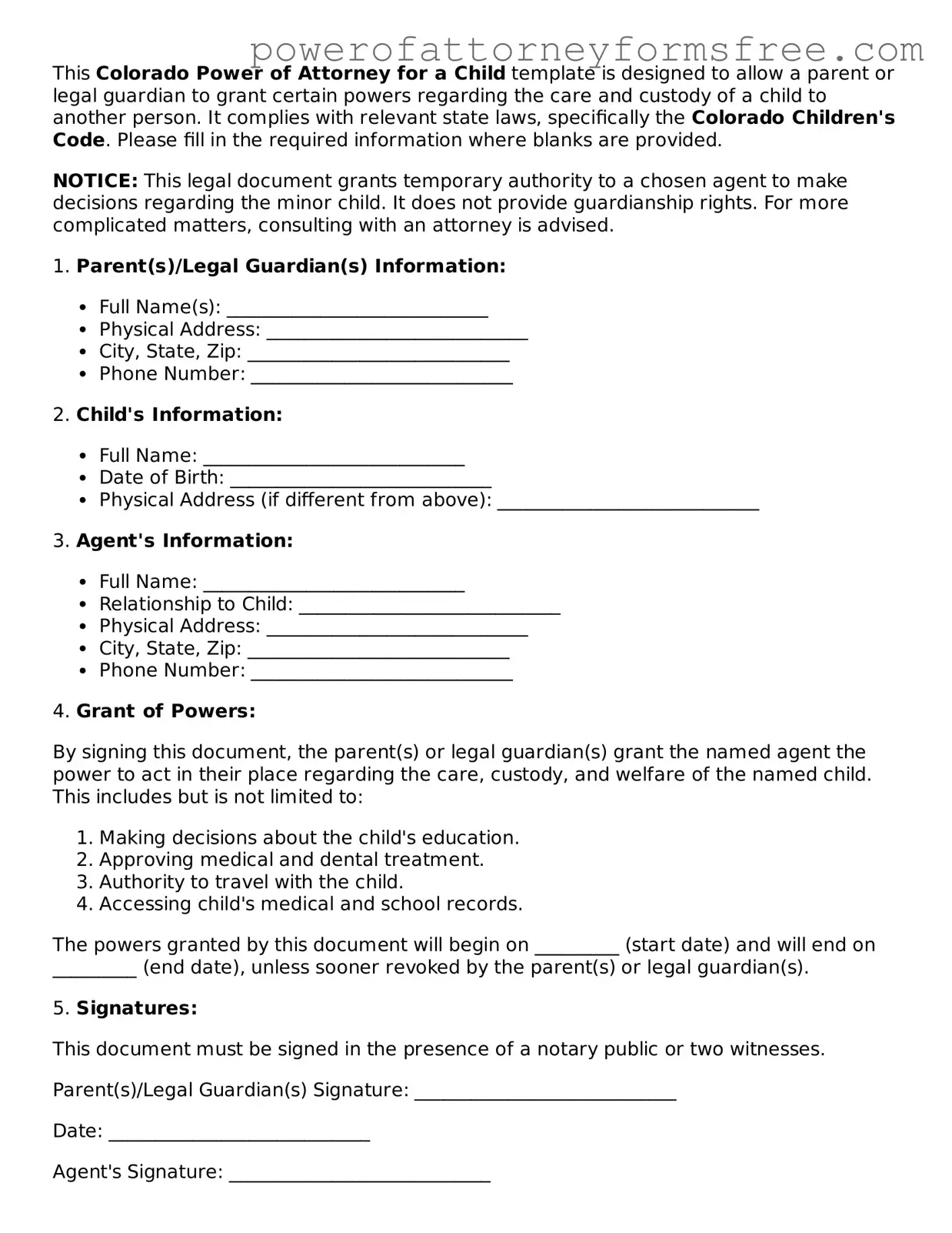 Fillable Power of Attorney for a Child Document for Colorado State