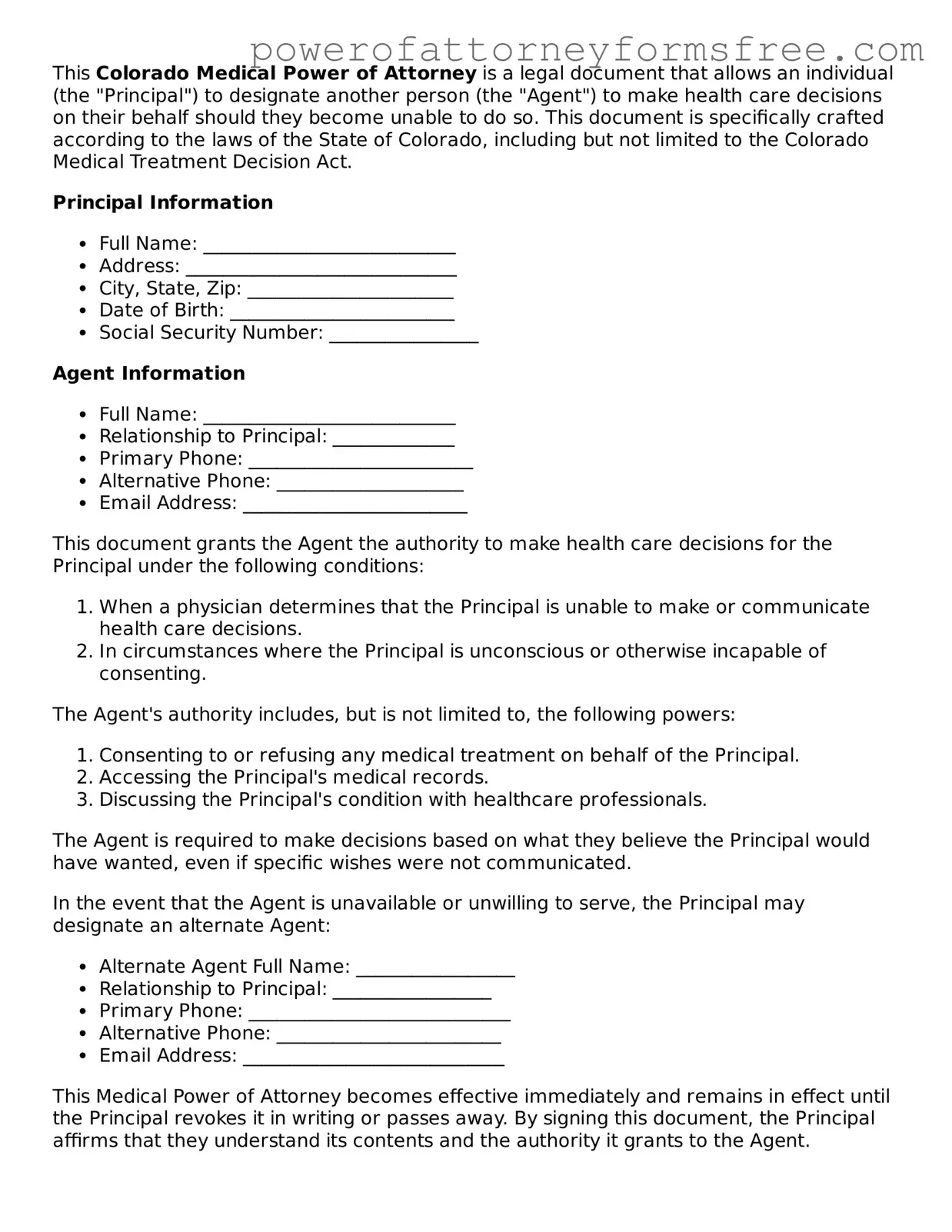 Fillable Medical Power of Attorney Document for Colorado State