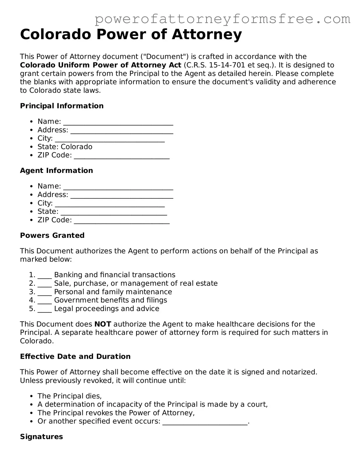 Fillable Power of Attorney Document for Colorado State