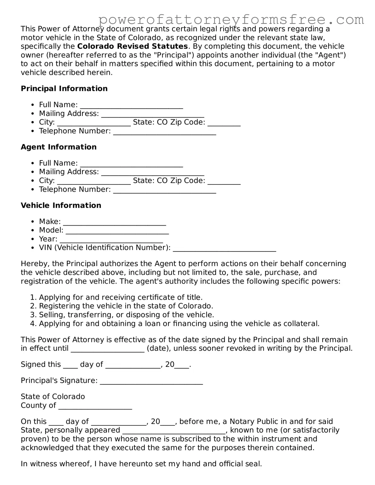 Fillable Motor Vehicle Power of Attorney Document for Colorado State
