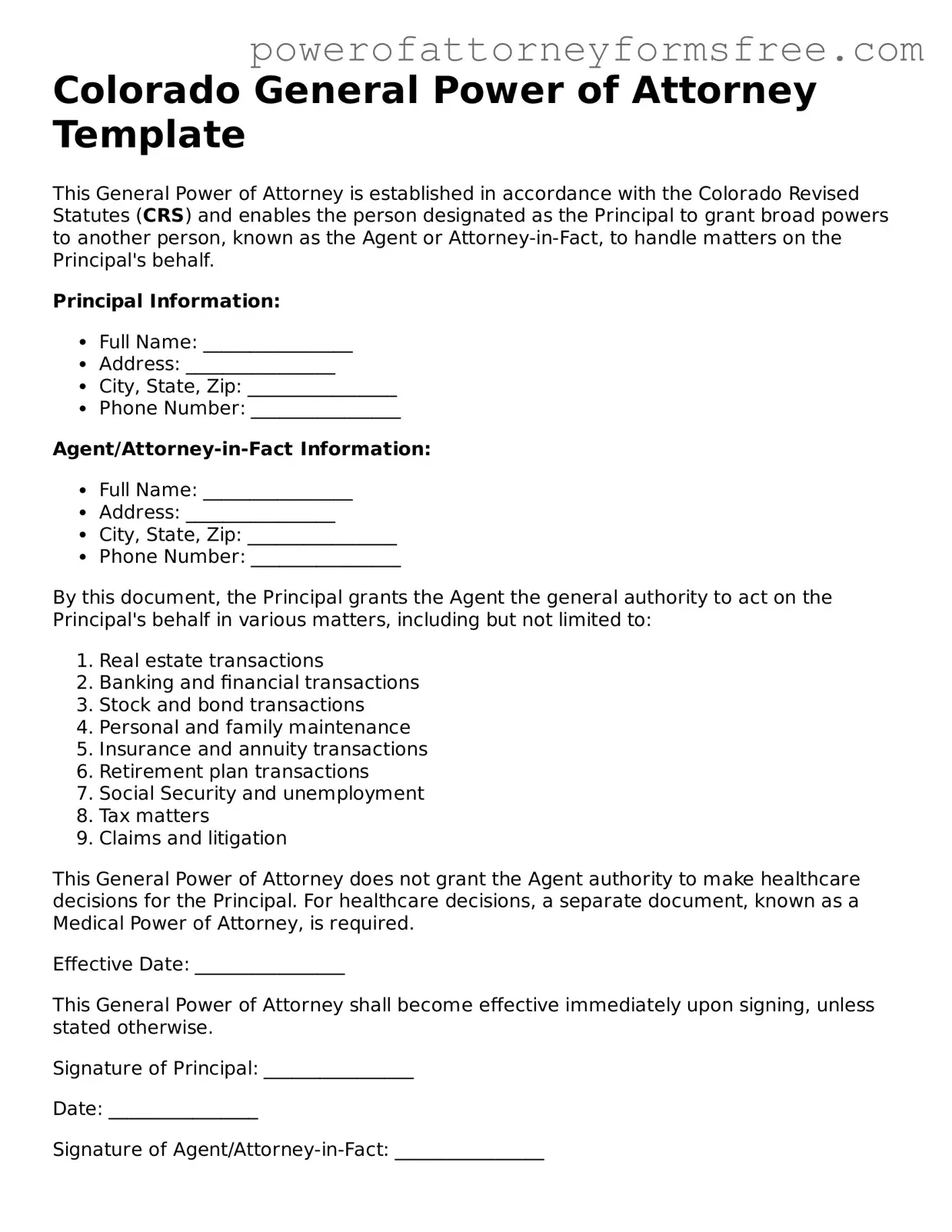 Fillable General Power of Attorney Document for Colorado State