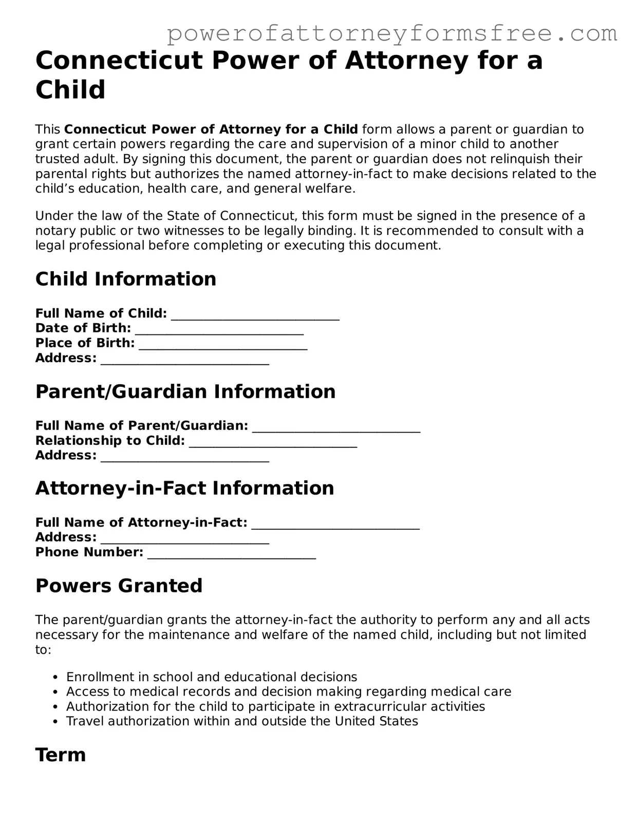 Fillable Power of Attorney for a Child Document for Connecticut State