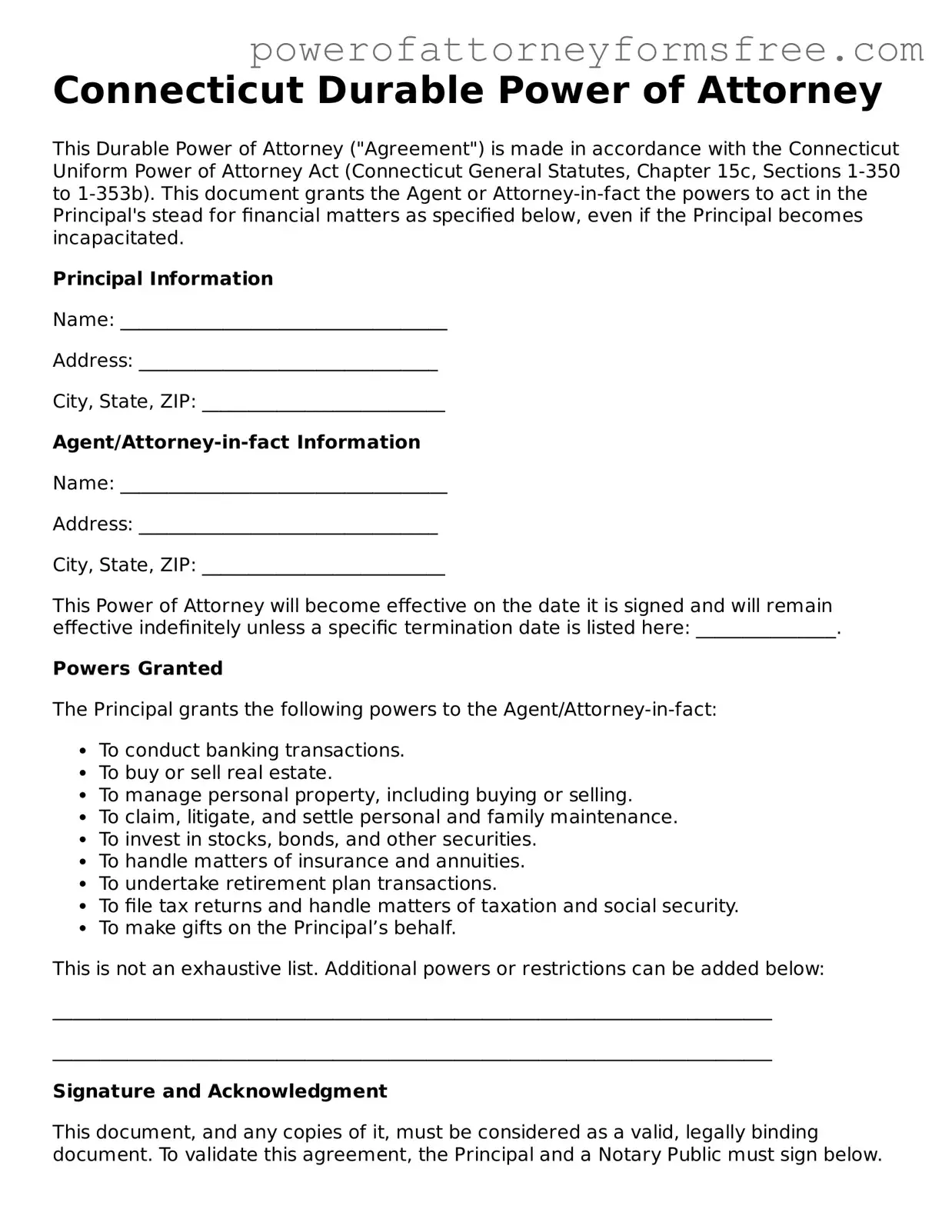 Fillable Durable Power of Attorney Document for Connecticut State