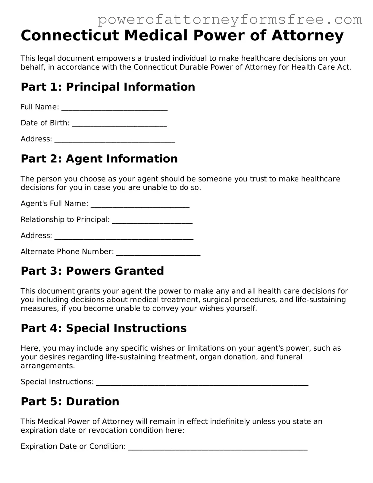 Fillable Medical Power of Attorney Document for Connecticut State