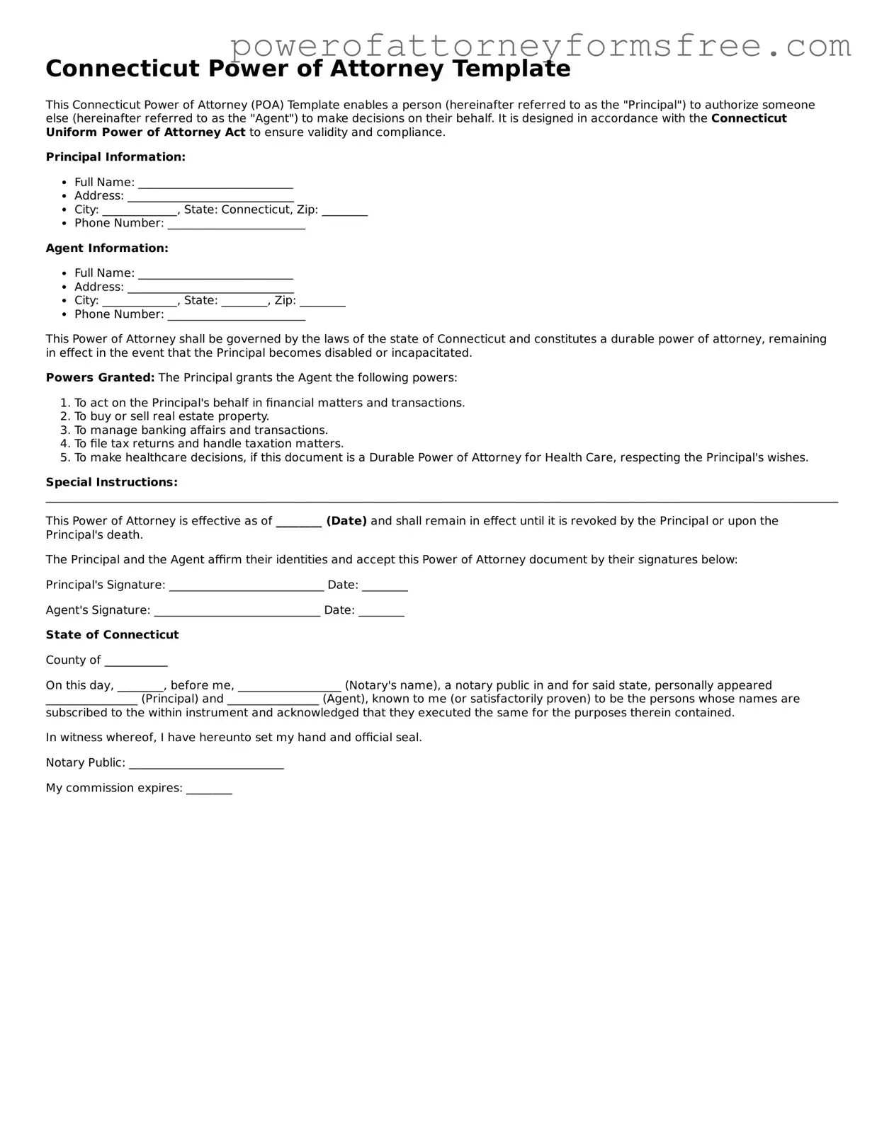 Fillable Power of Attorney Document for Connecticut State