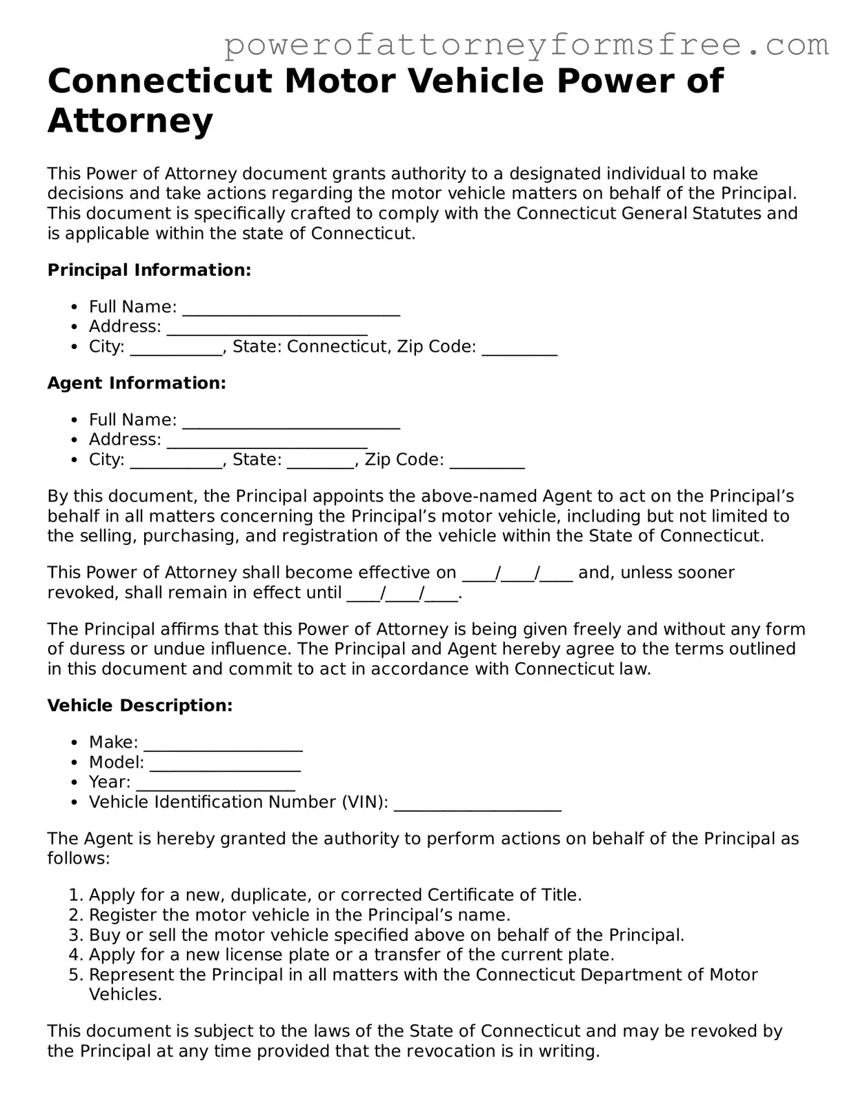 Fillable Motor Vehicle Power of Attorney Document for Connecticut State