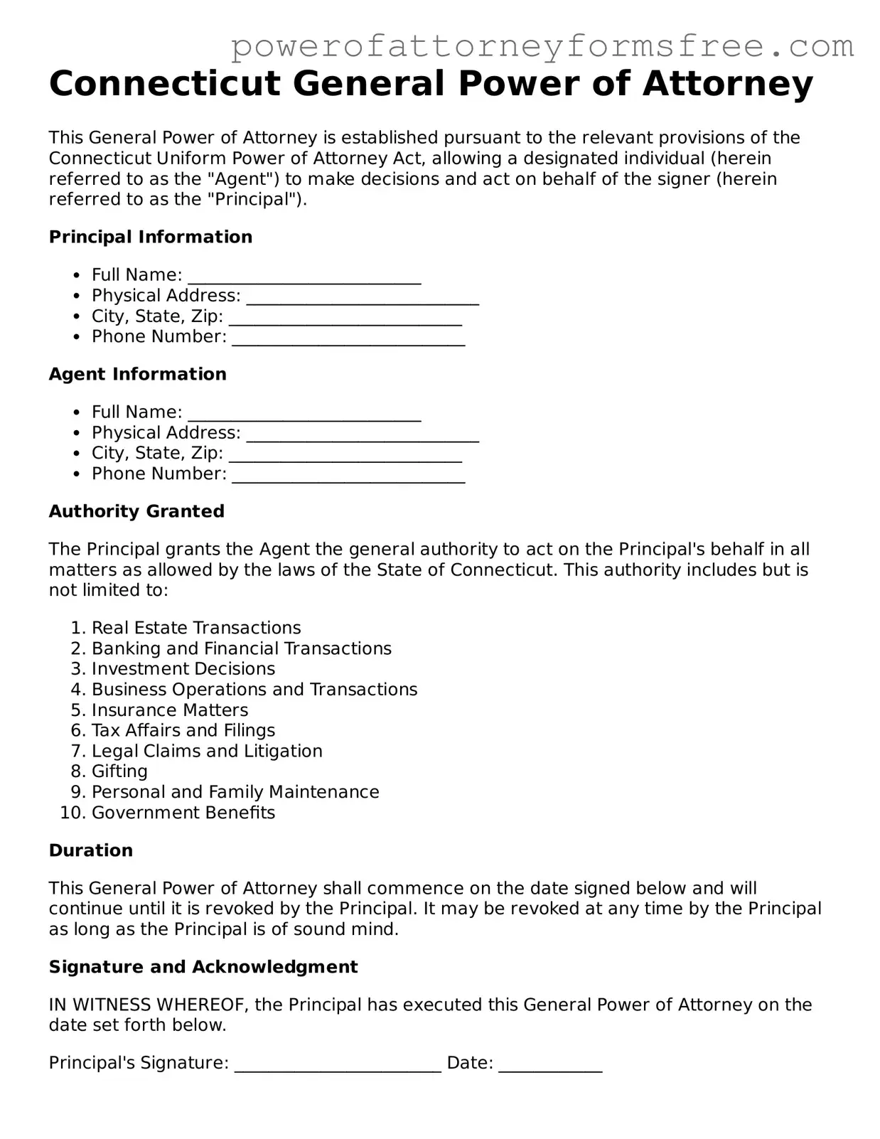 Fillable General Power of Attorney Document for Connecticut State