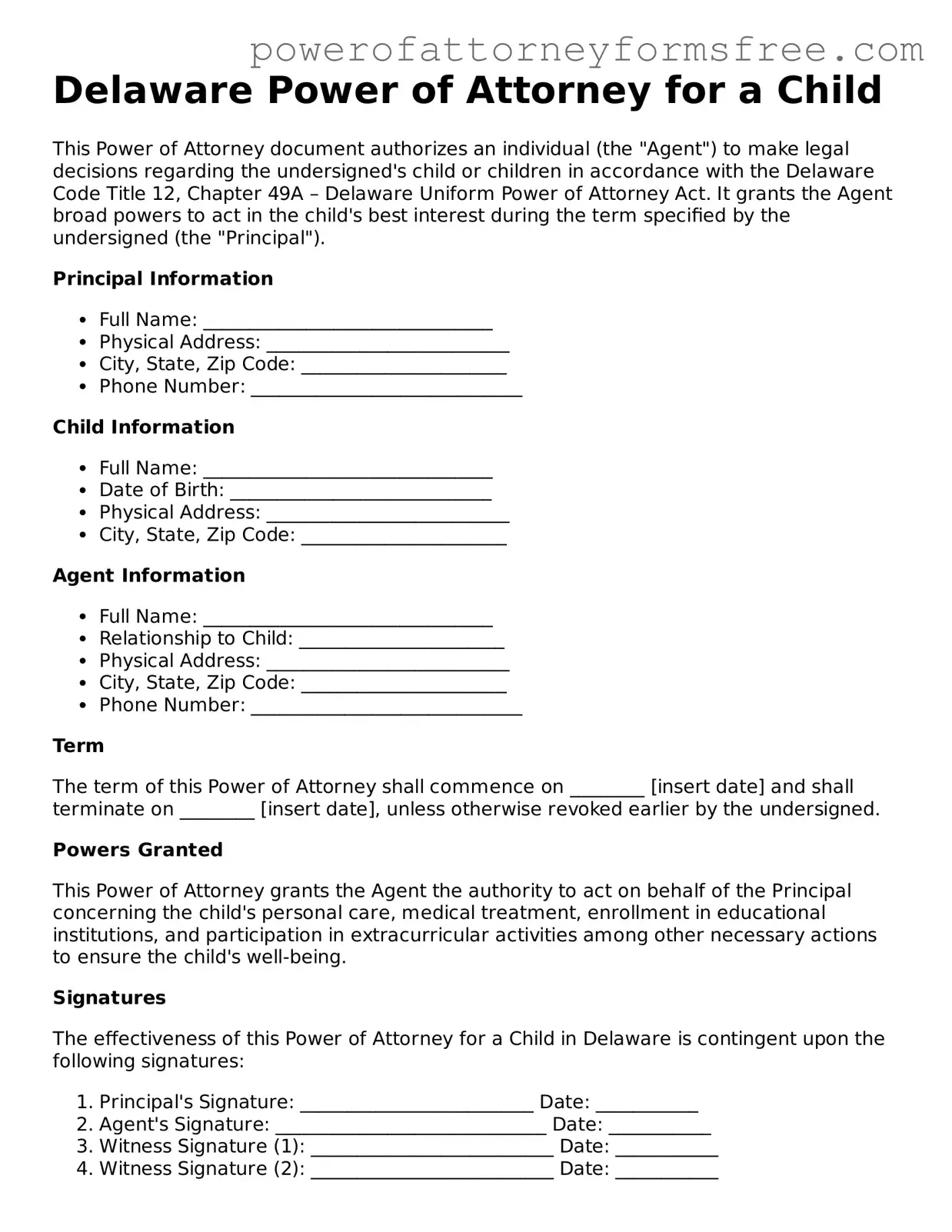 Fillable Power of Attorney for a Child Document for Delaware State
