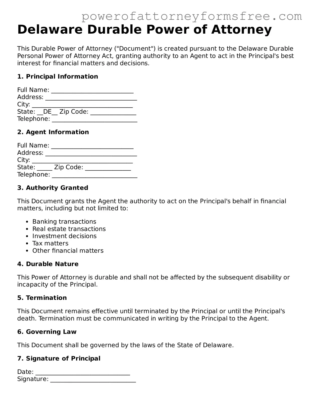 Fillable Durable Power of Attorney Document for Delaware State