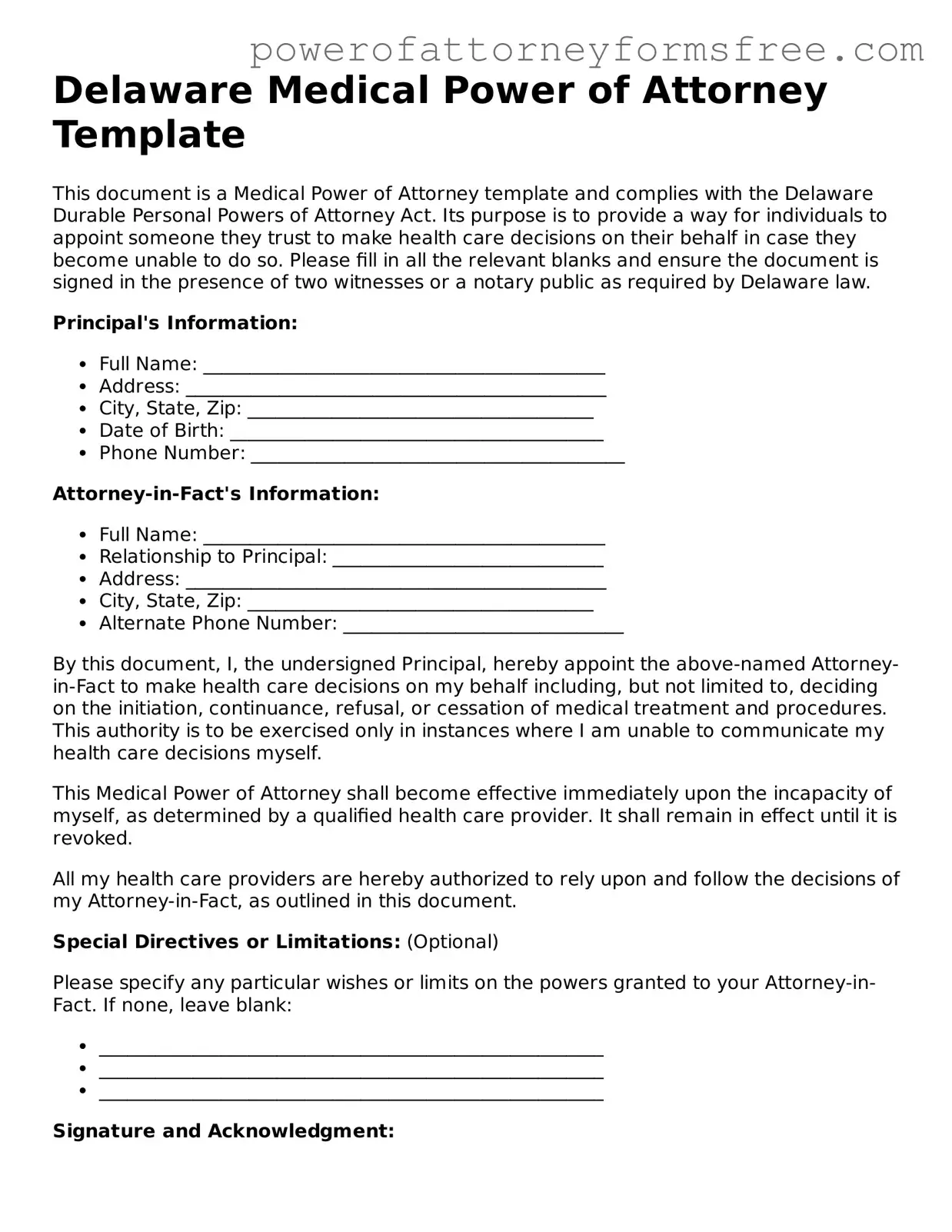 Fillable Medical Power of Attorney Document for Delaware State