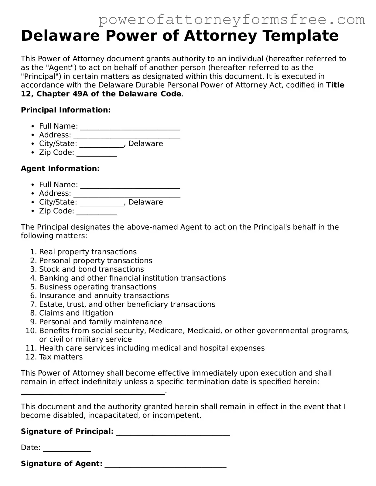 Fillable Power of Attorney Document for Delaware State