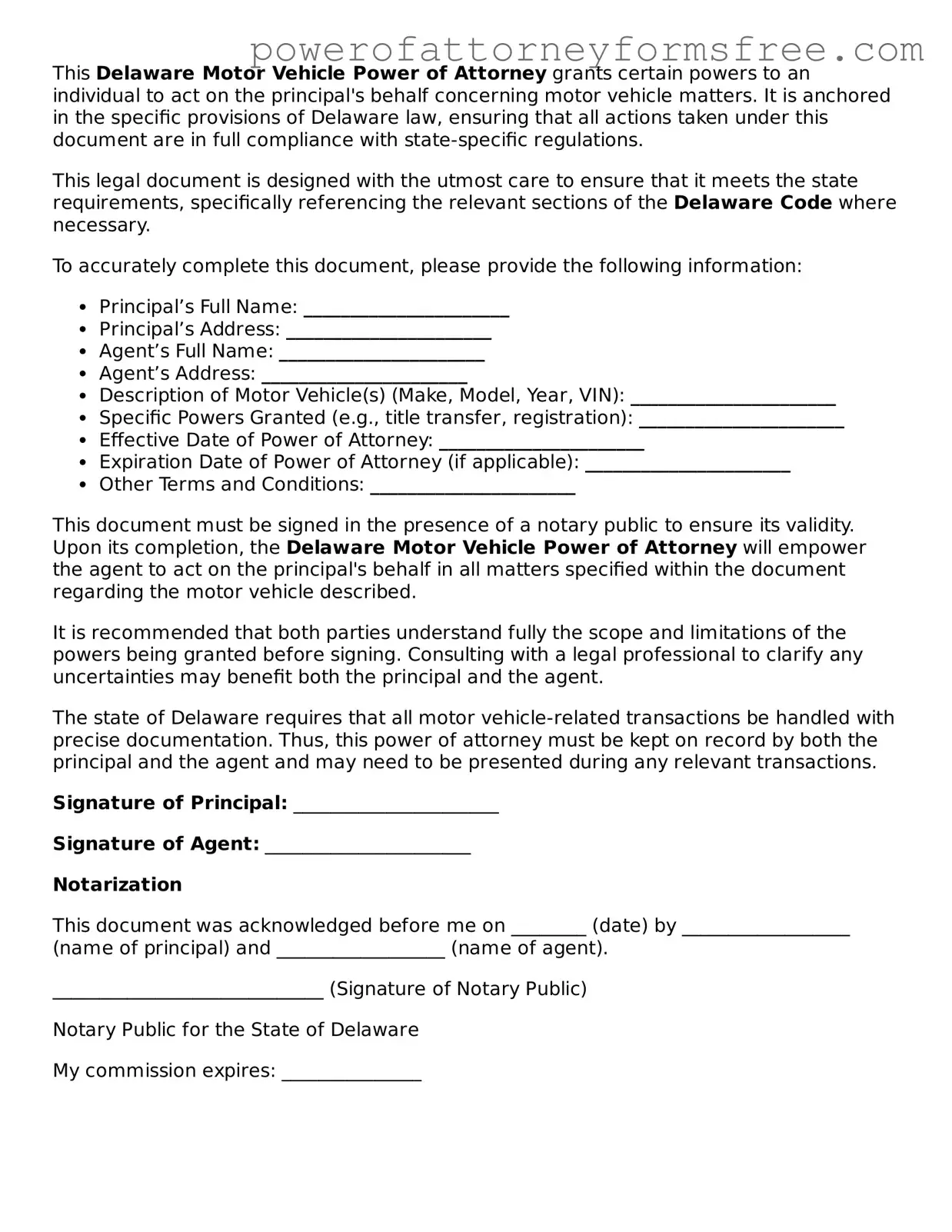 Fillable Motor Vehicle Power of Attorney Document for Delaware State