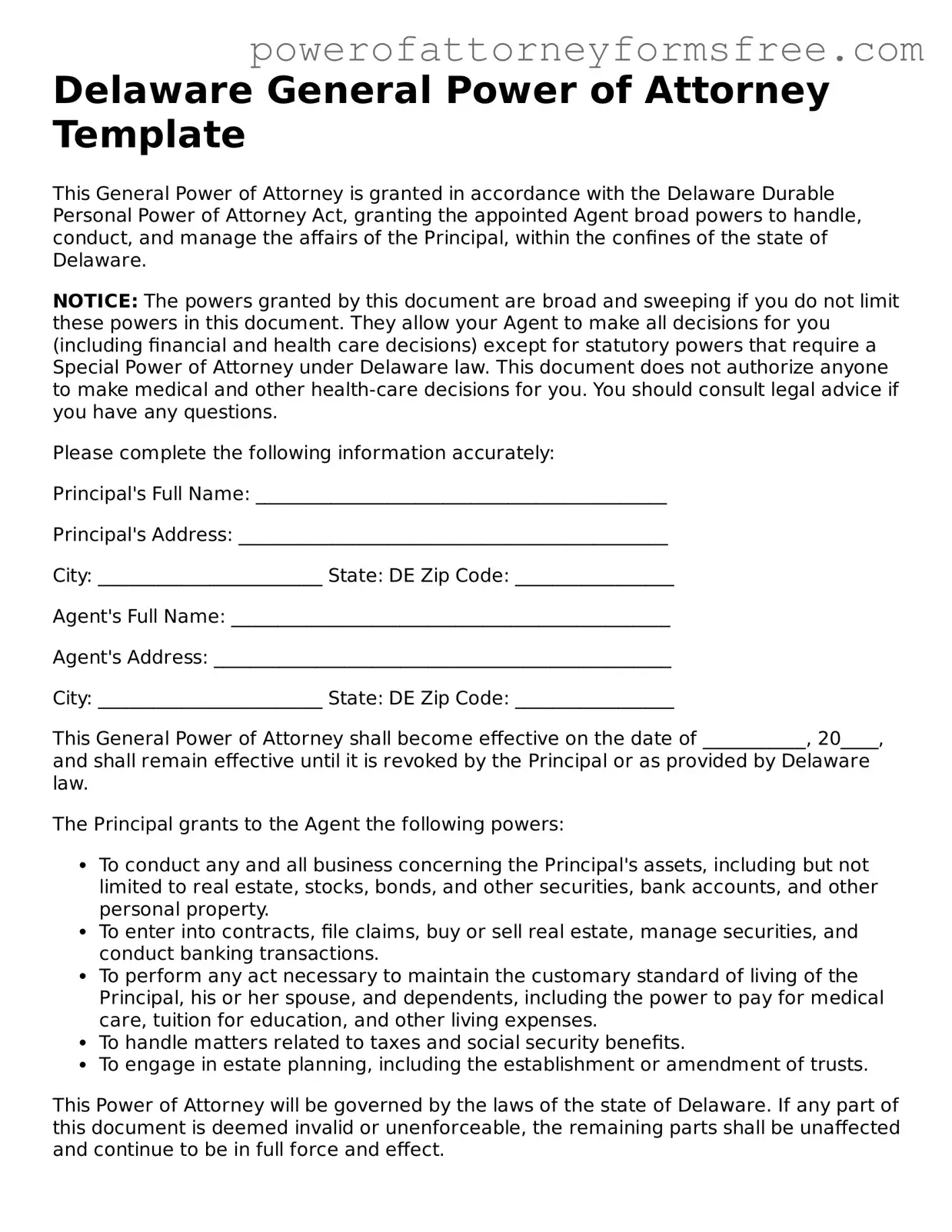 Fillable General Power of Attorney Document for Delaware State