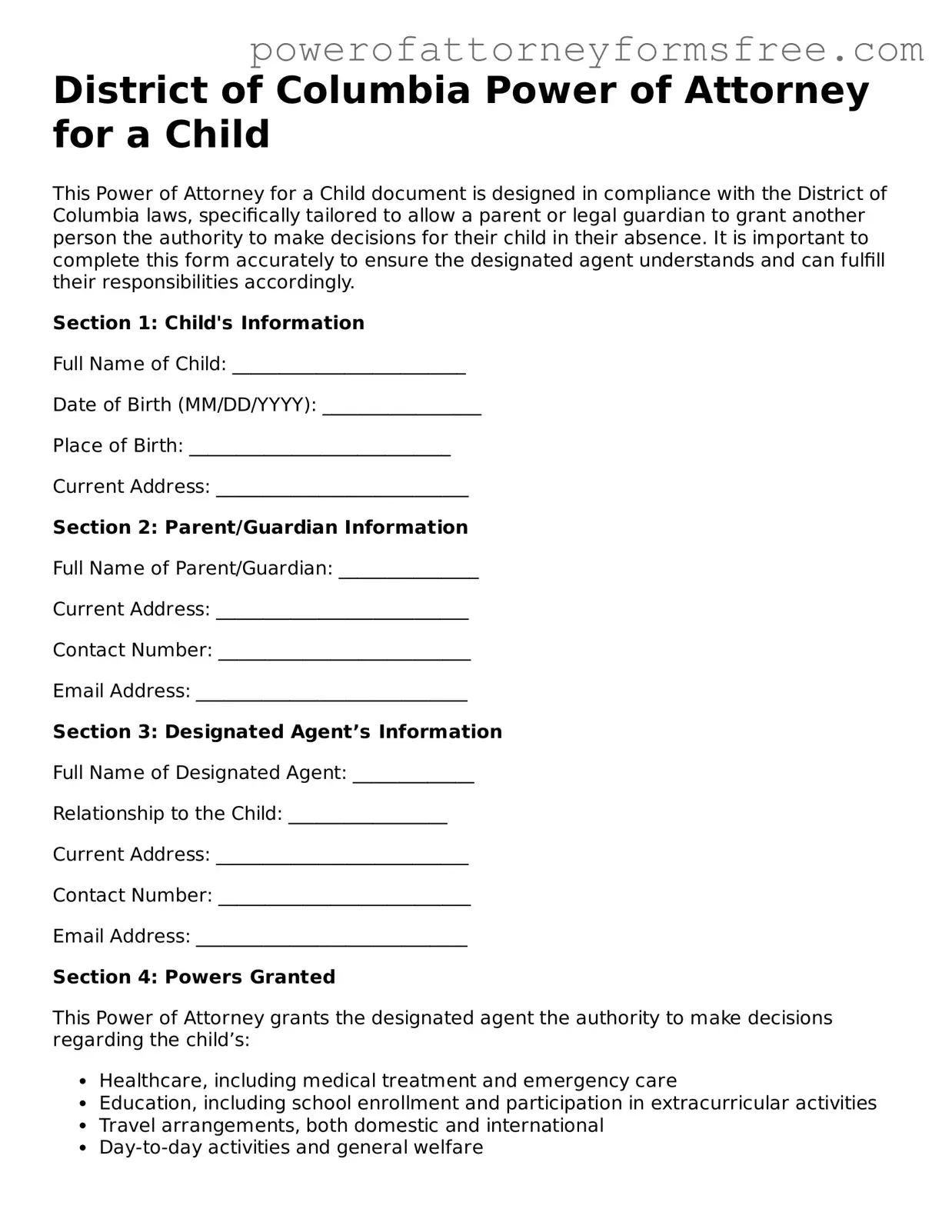 Fillable Power of Attorney for a Child Document for District of Columbia State