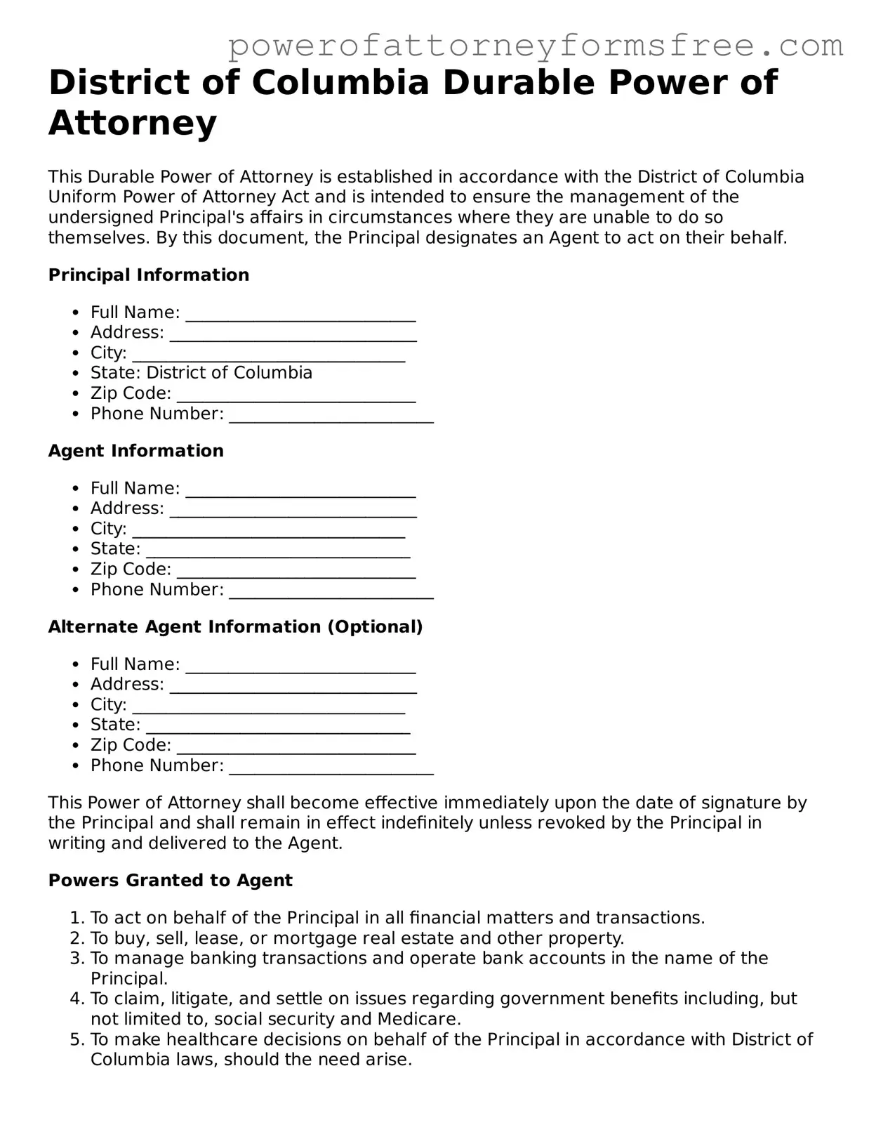 Fillable Durable Power of Attorney Document for District of Columbia State