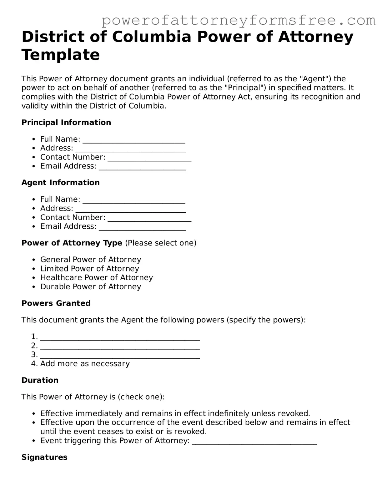 Fillable Power of Attorney Document for District of Columbia State