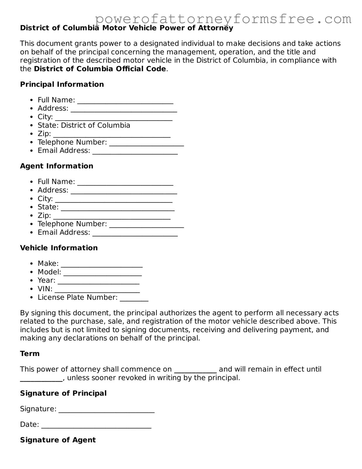 Fillable Motor Vehicle Power of Attorney Document for District of Columbia State