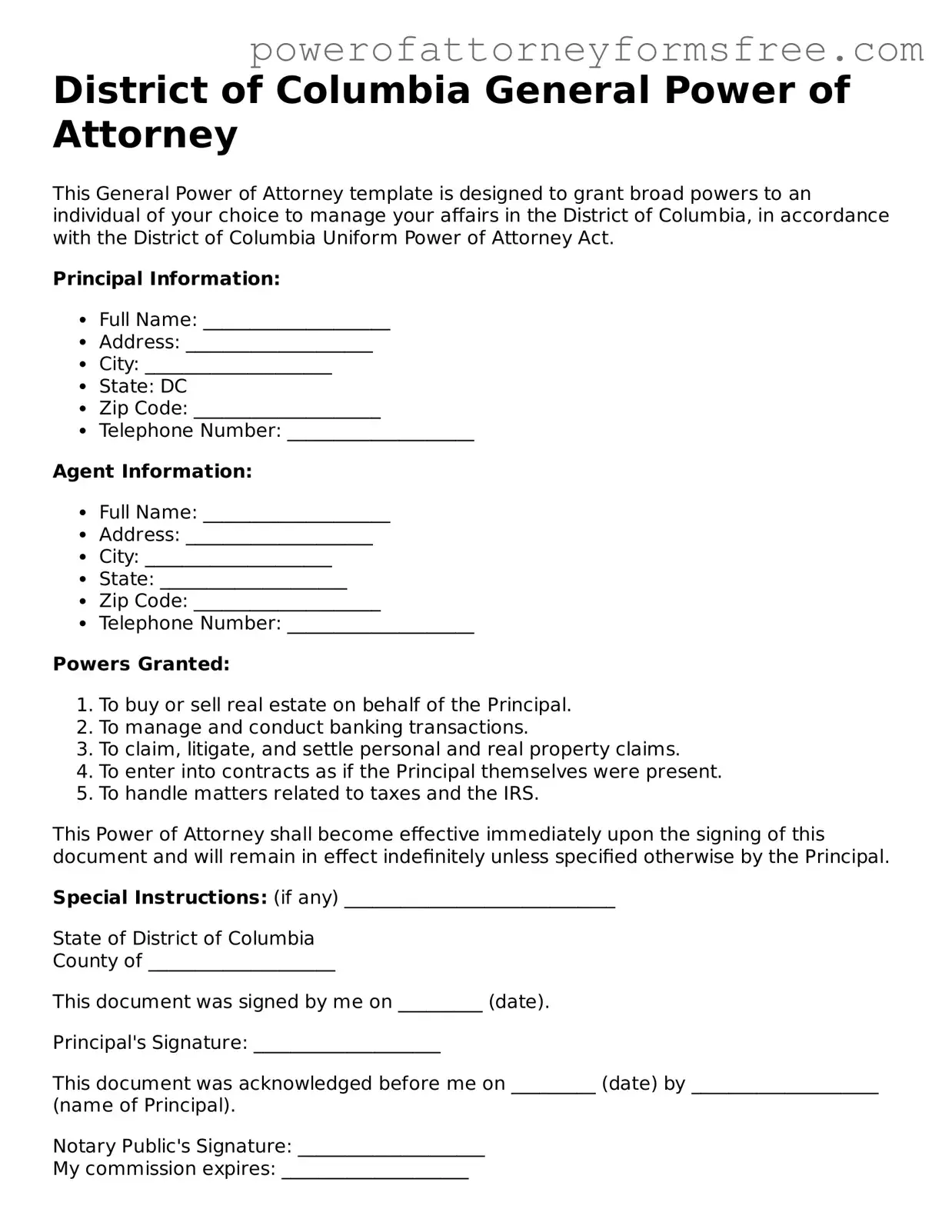 Fillable General Power of Attorney Document for District of Columbia State